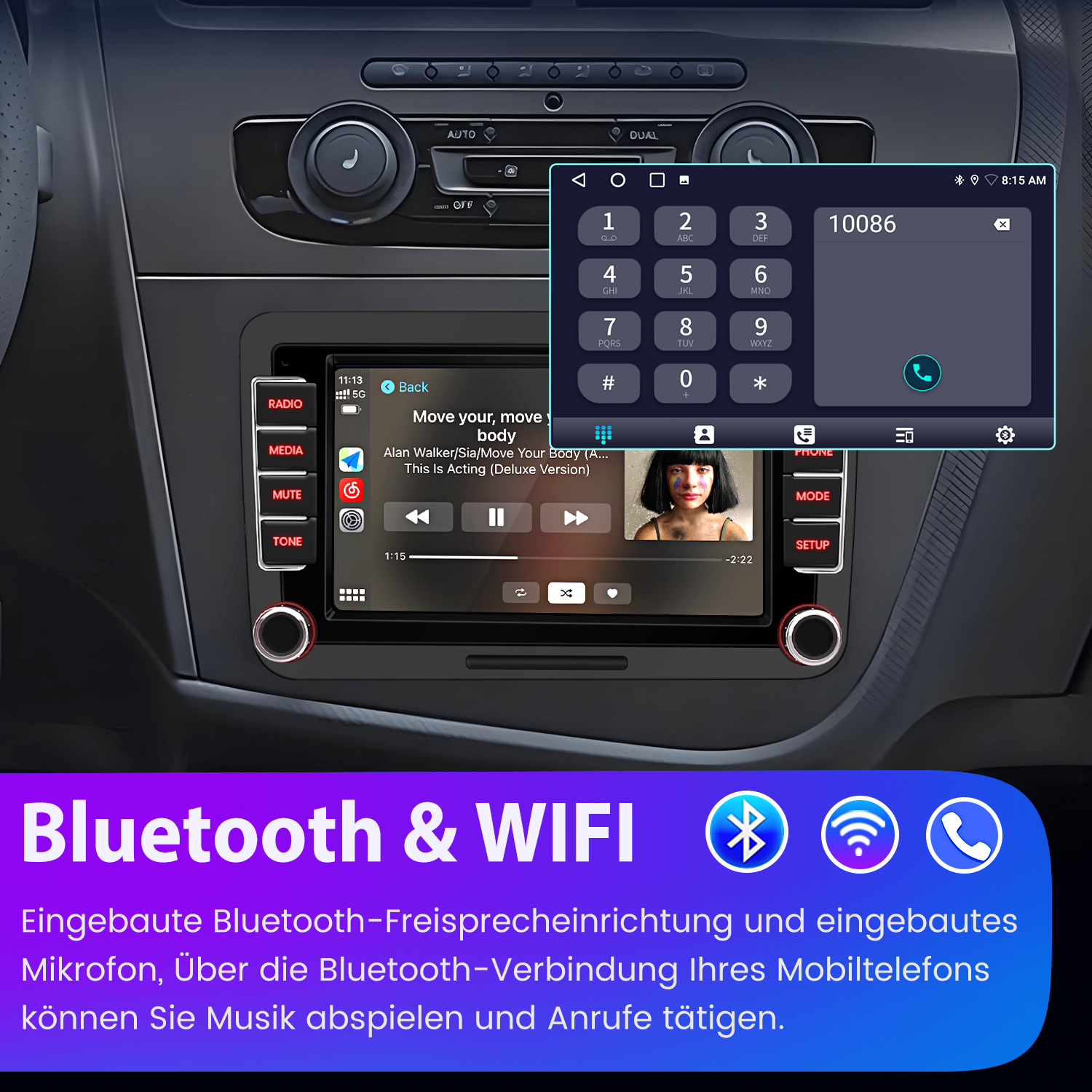 Autoinnenraum mit Touchscreen, der ein Telefon und Musikwiedergabe zeigt.