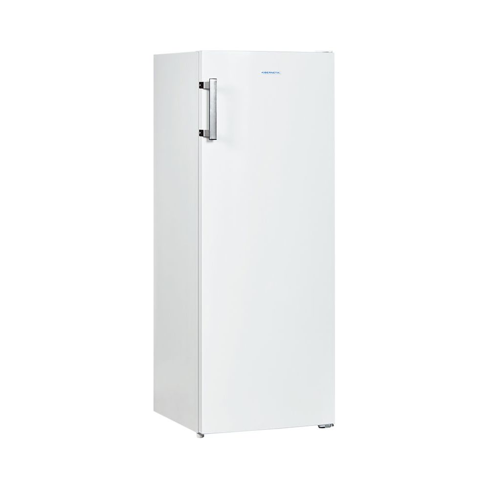 Un congelatore verticale bianco con maniglia argentata e logo blu.