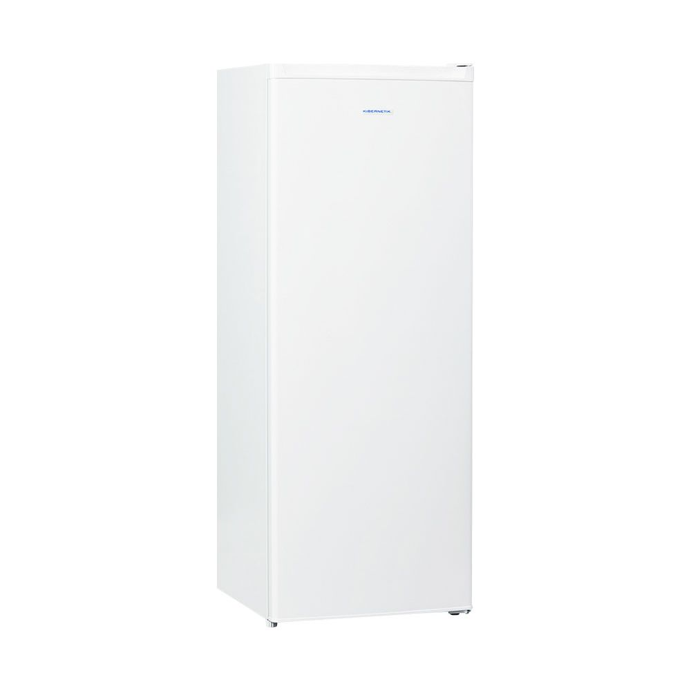 Un congelatore bianco verticale con scritta blu in alto.