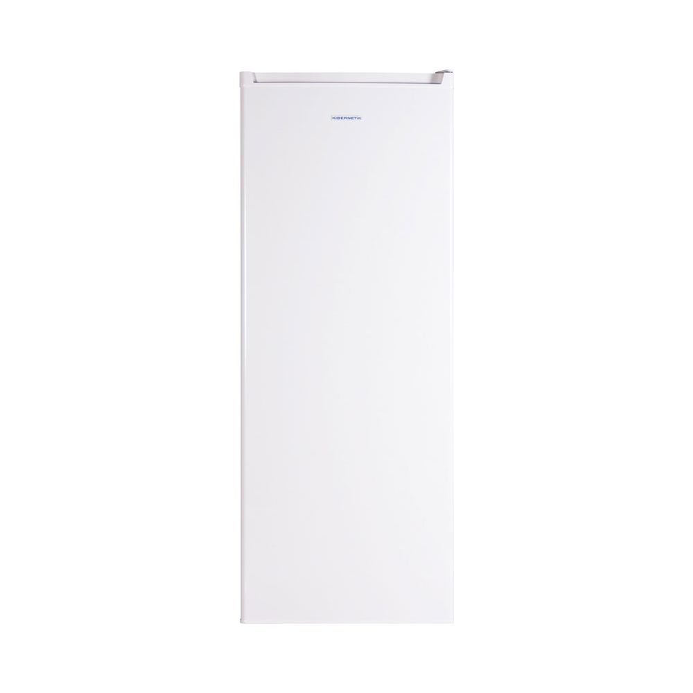 Un frigorifero bianco con logo blu in cima alla porta.
