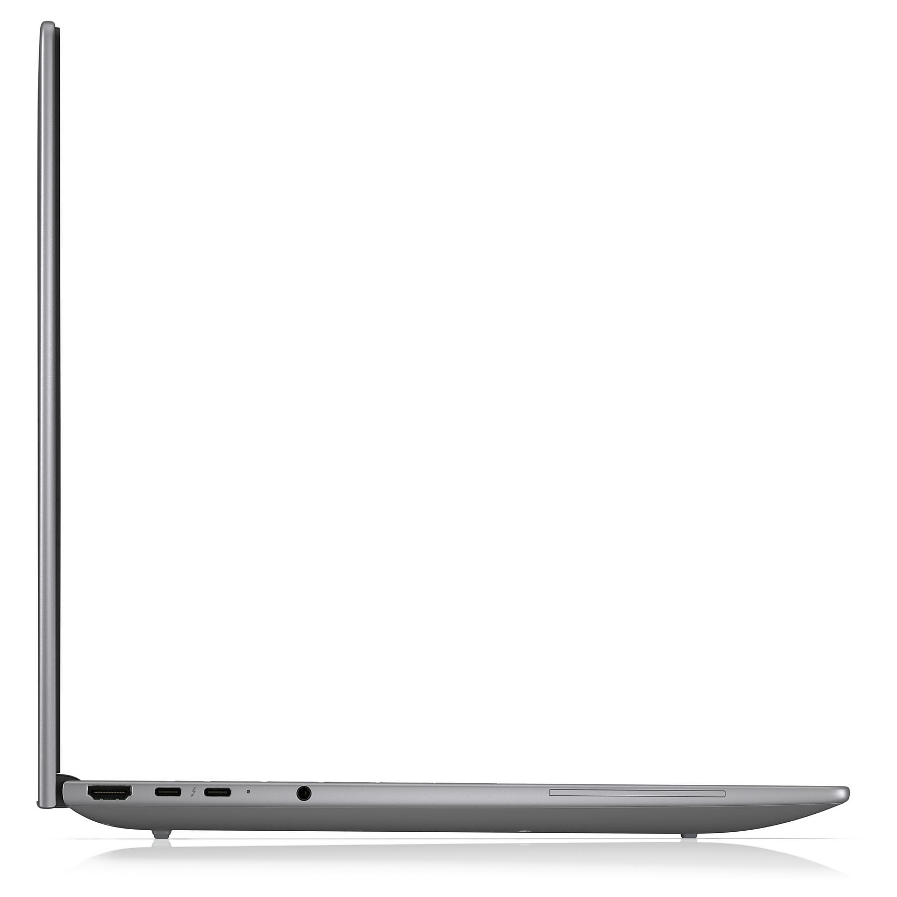 Profilo laptop grigio che mostra porte: HDMI, 2x USB-C/Thunderbolt, jack cuffie.