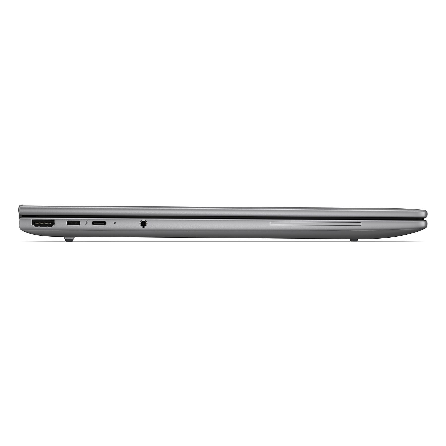 Lato laptop grigio con porte: HDMI, USB-C, jack audio.
