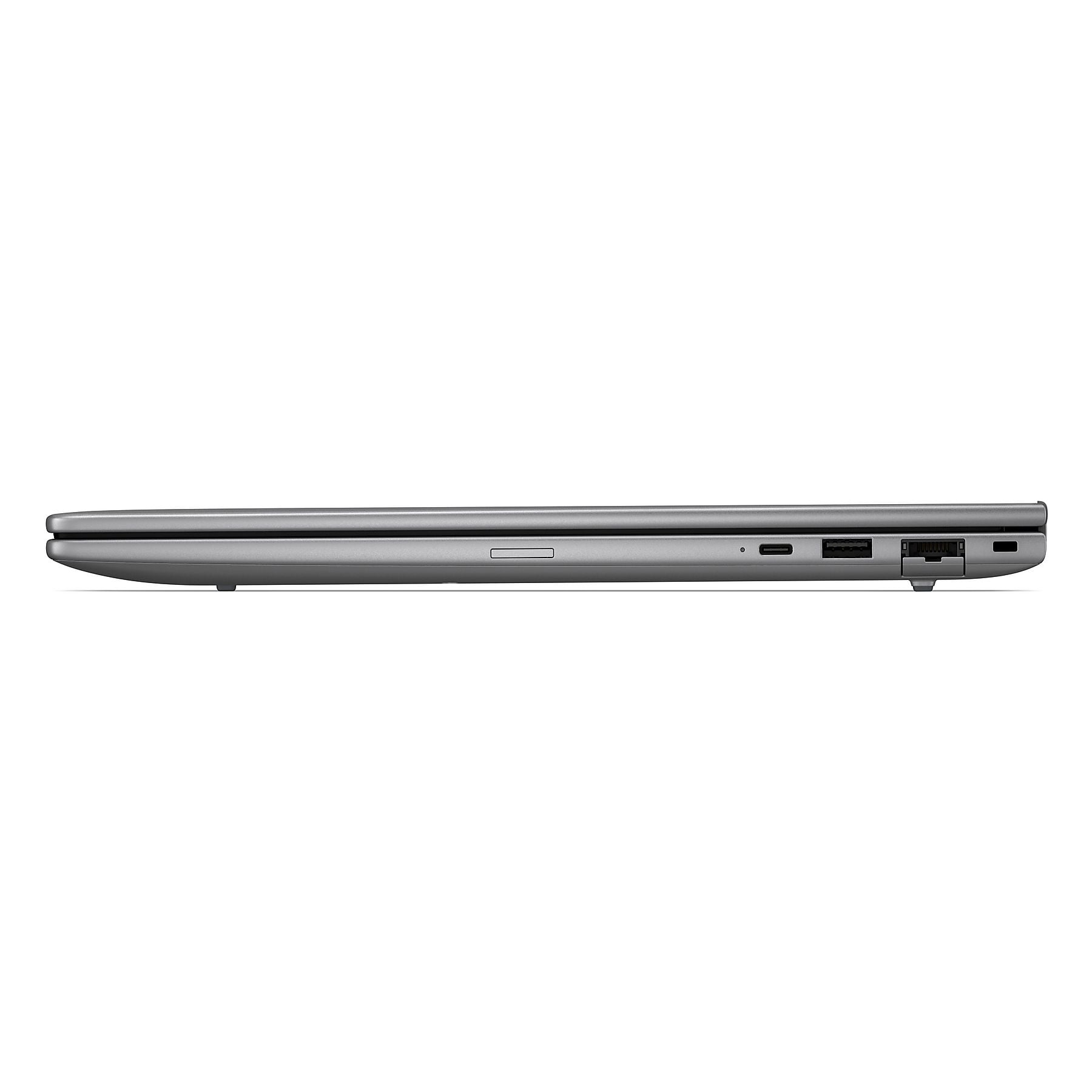 Laptop grigio di profilo, con porte USB-C, USB-A e di alimentazione.