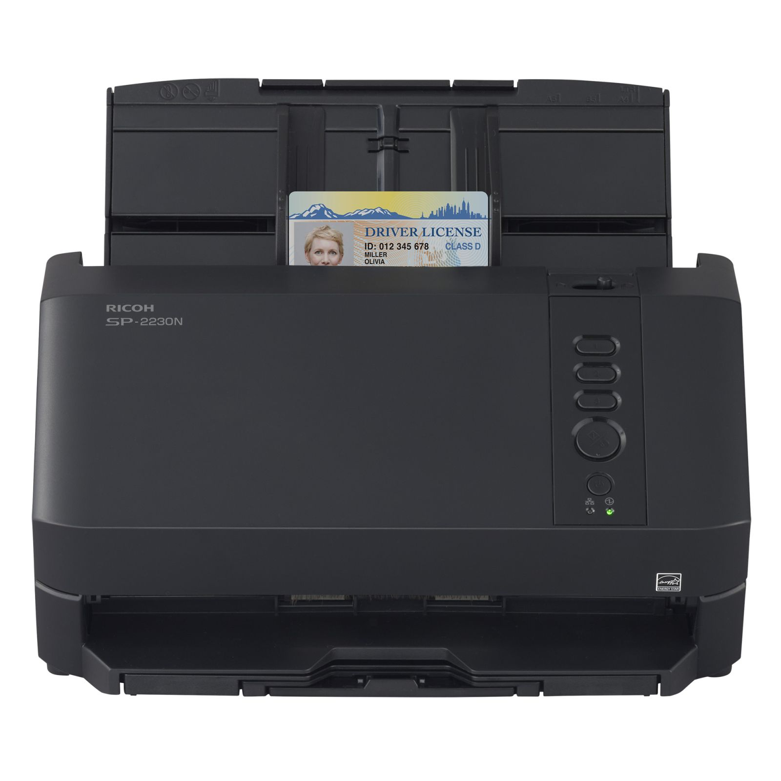 Ein schwarzer Ricoh SP-2230N Scanner mit einem Führerschein oben.