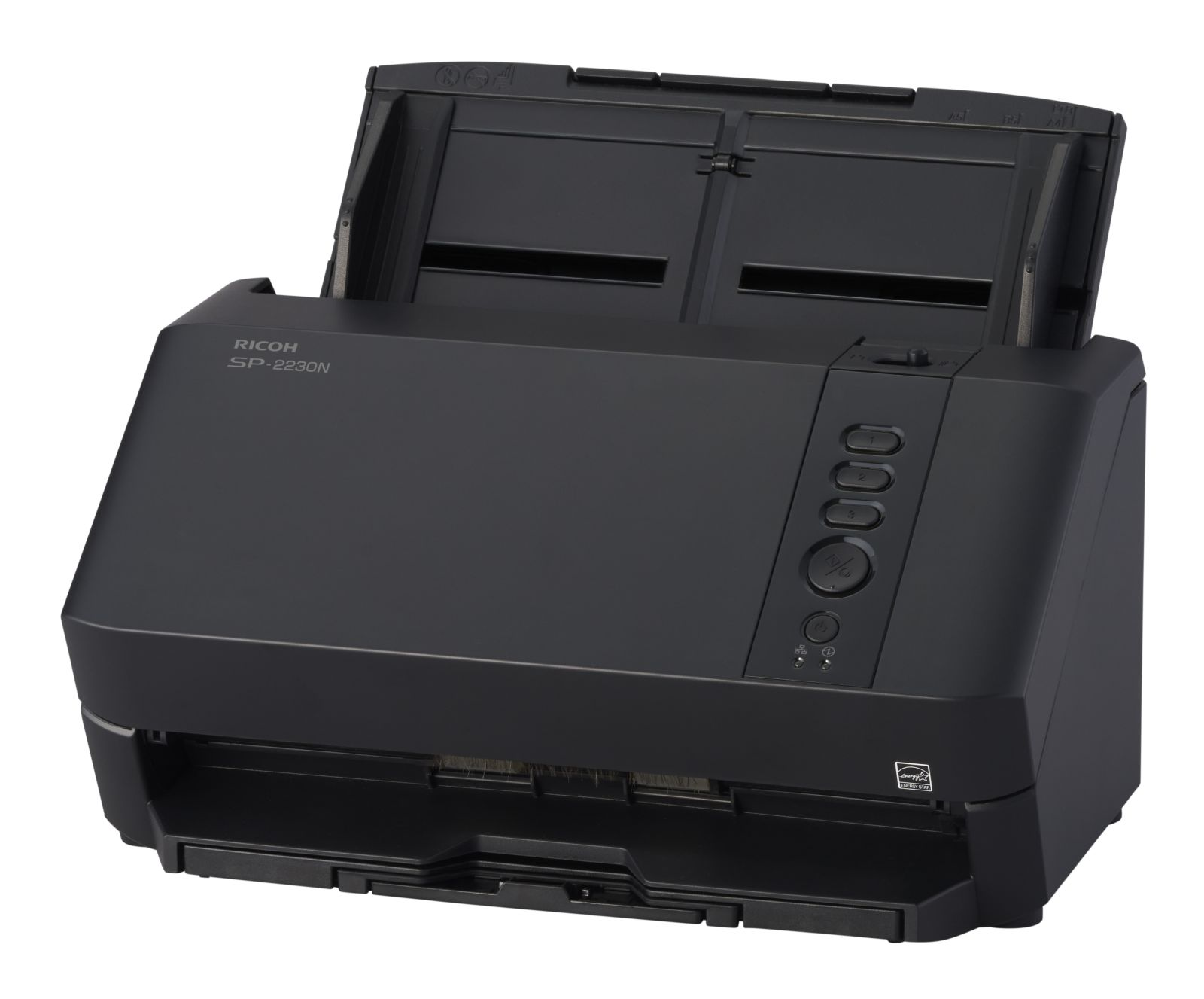 Schwarzer Ricoh SP-2230N Scanner mit geöffnetem Einzug und Bedienfeld.