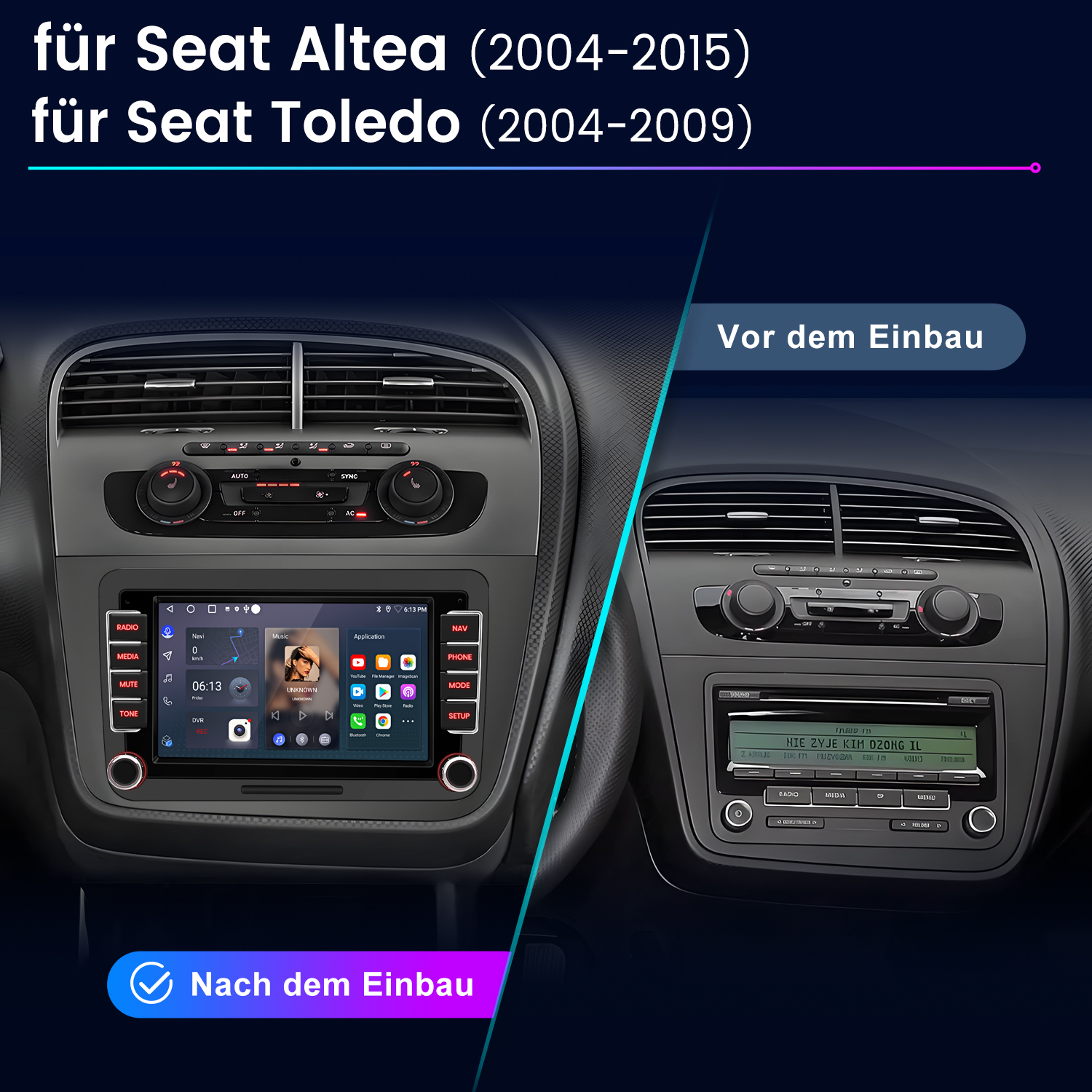 Vergleich zweier Autoradios: Vor und nach dem Einbau.