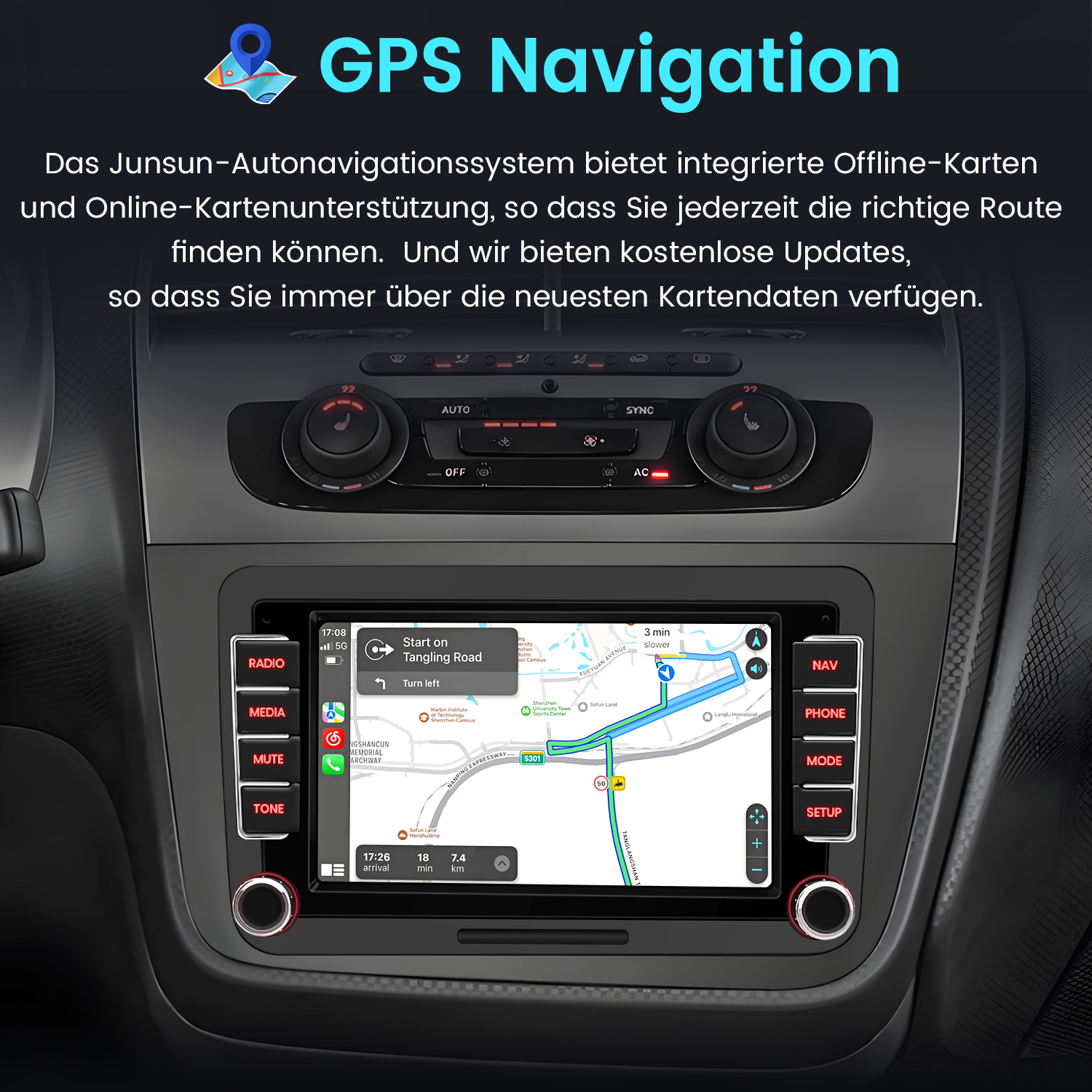 Armaturenbrett mit Navigationssystem-Karte, das die Route anzeigt.