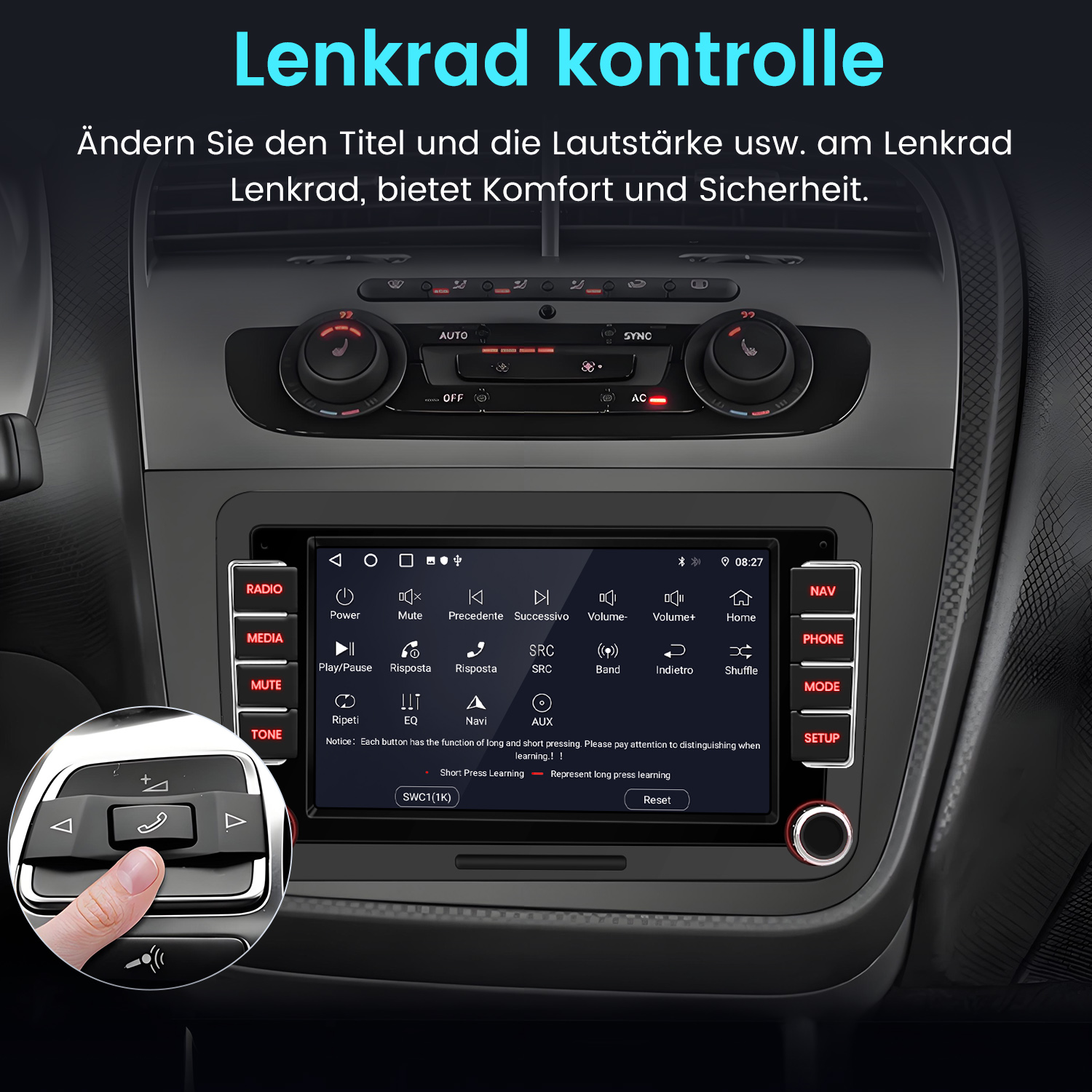 Autoinnenraum mit Touchscreen-Radio und Lenkradtasten. Finger drückt Taste.