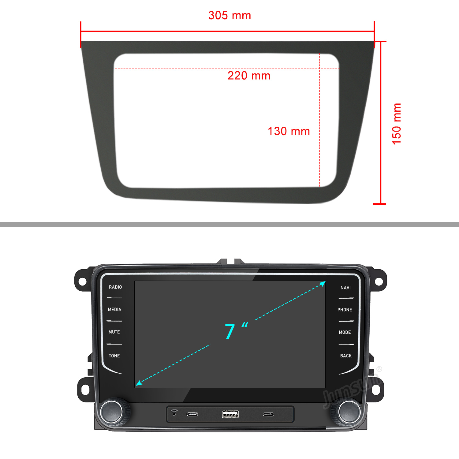 Einbaurahmen (305x150mm) und 7-Zoll-Autoradio mit Knöpfen und Tasten.
