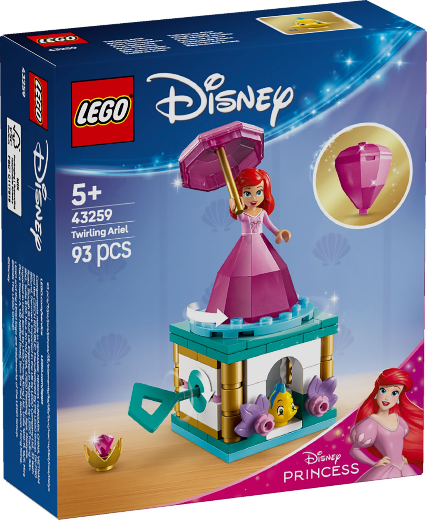LEGO Disney Prinzessin Ariel Spielzeug mit Drehrad, Flounder und Diamant.