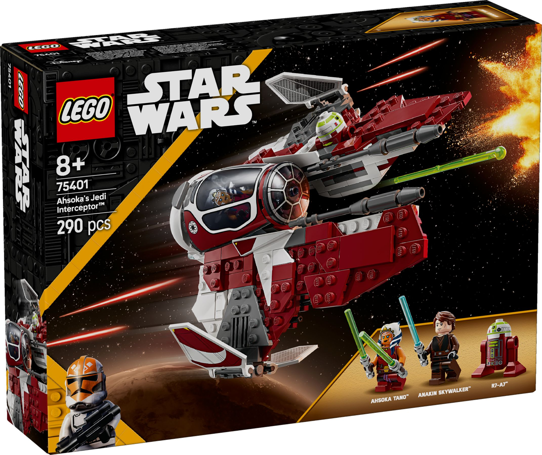 LEGO Star Wars Set 75401: Ahsokas Jedi Interceptor mit Figuren und Raumschiff im Weltraum.