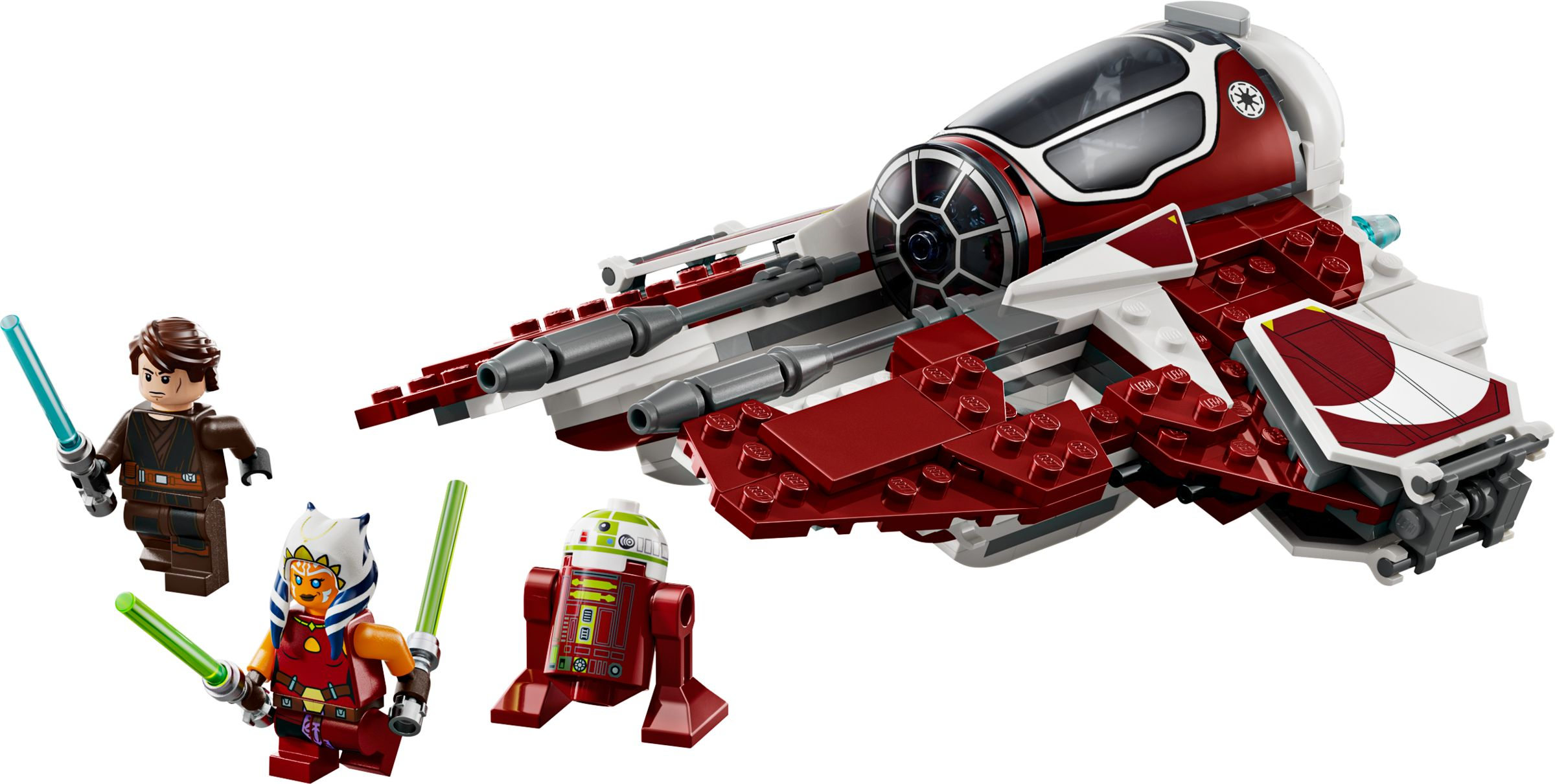 Lego Anakin, Ahsoka, R2-D2 Figuren und ein rot-weißes Raumschiff auf weißem Grund.
