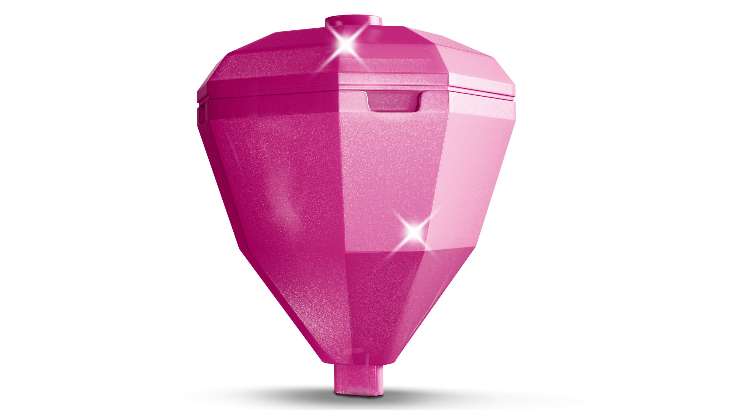 Ein glänzender, facettierter pinker Behälter mit einem Deckel. Steht auf einem Stiel.