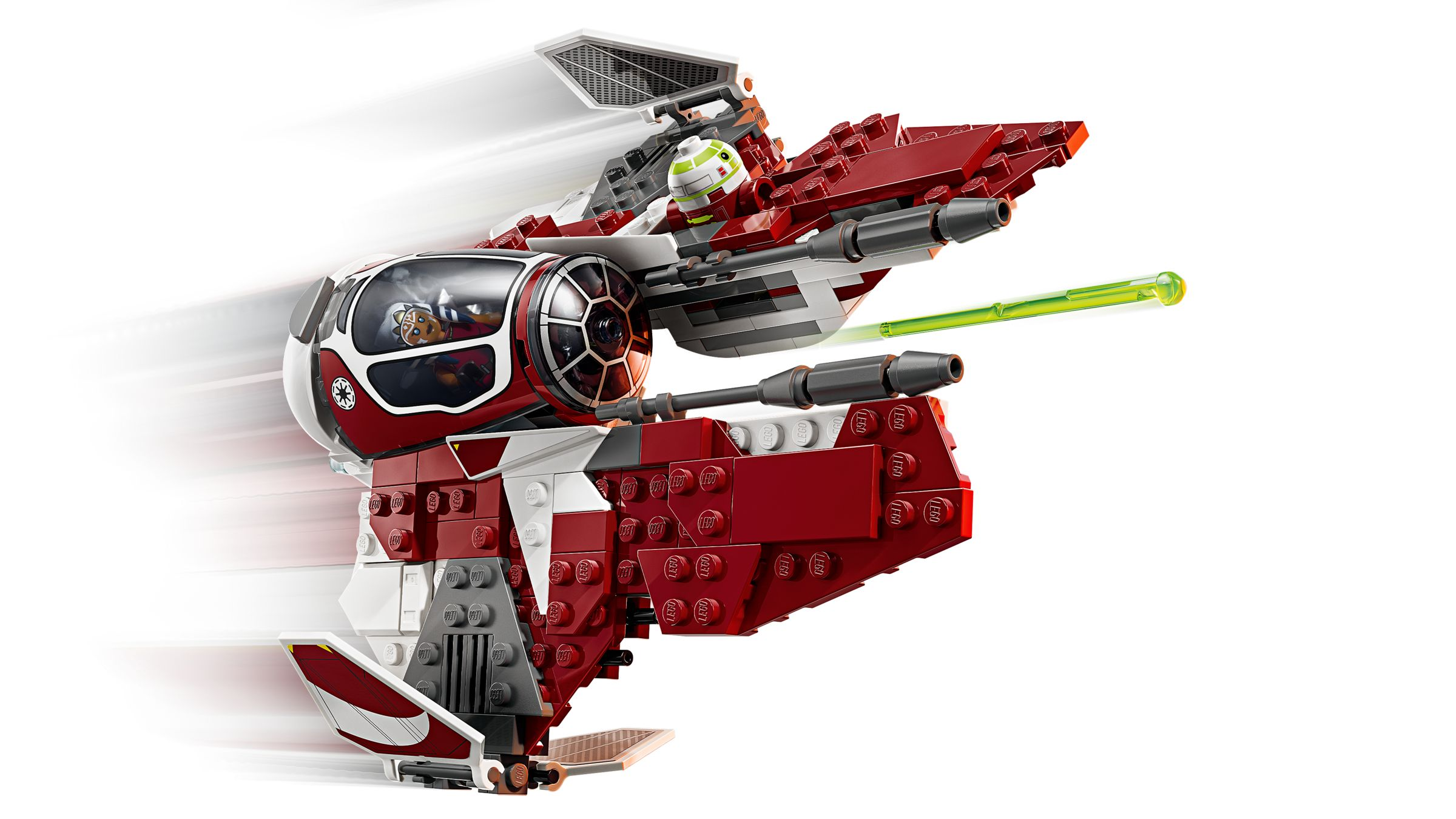 Ein rotes und weißes Lego-Raumschiff mit einem Piloten und einem grünen Laserstrahl.
