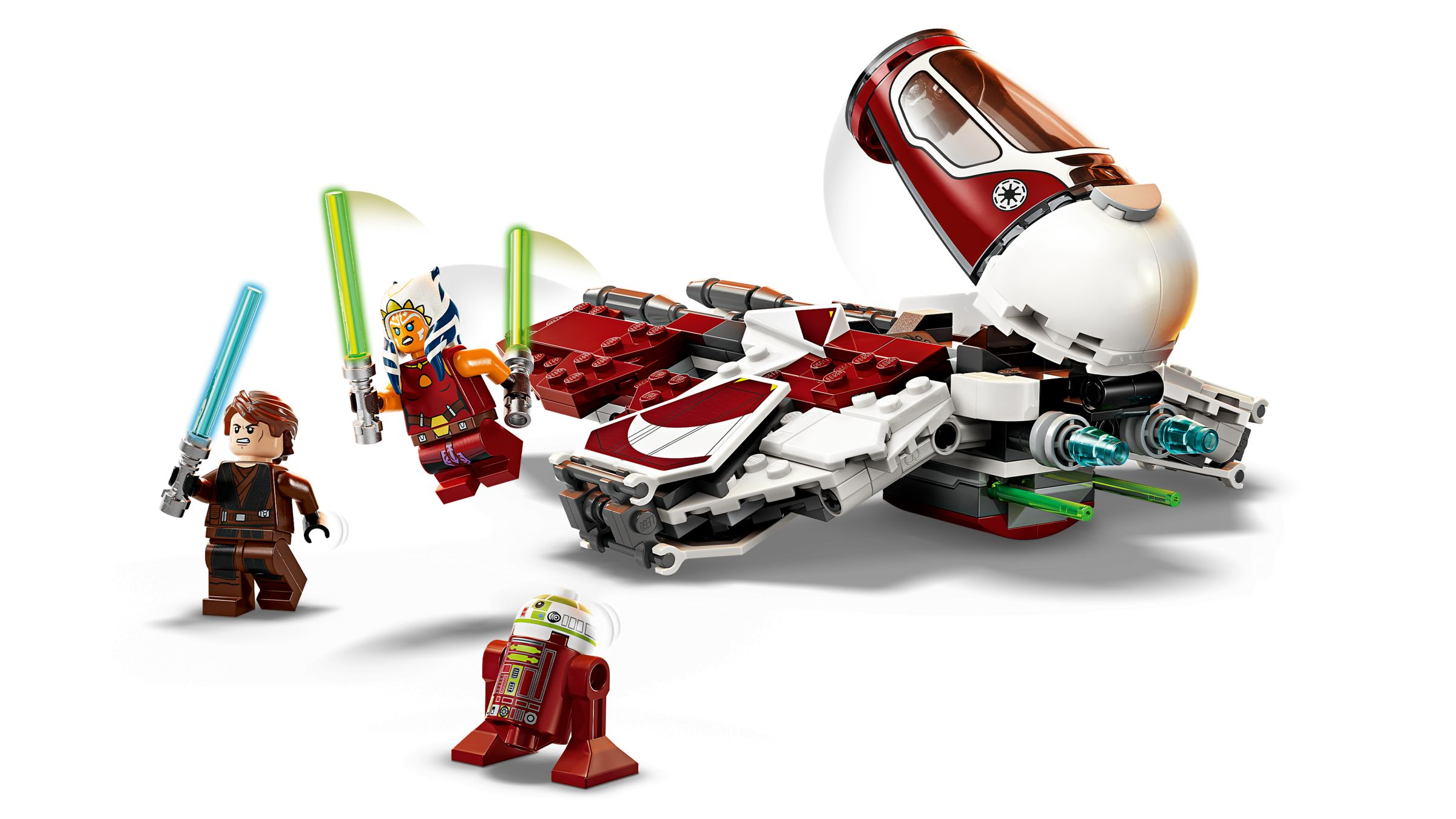 Anakin, Ahsoka, R2-D2 und ein rotes Raumschiff mit weißen und roten Akzenten