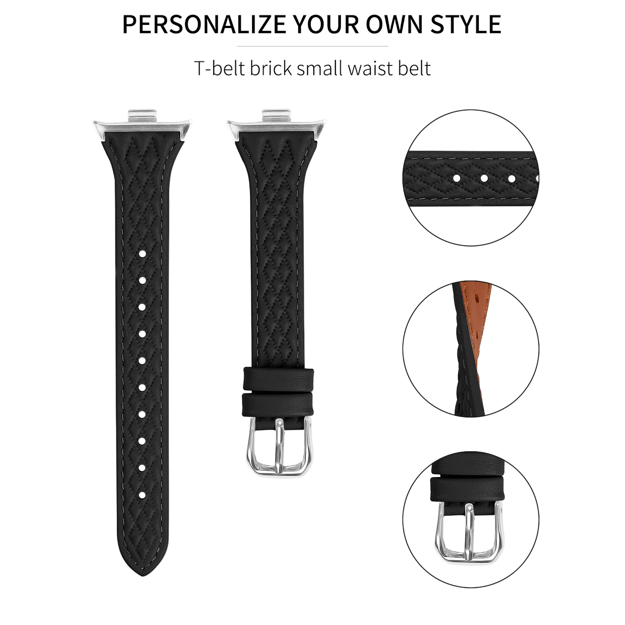 Schwarzes Lederarmband mit Rautenmuster und Schnalle.