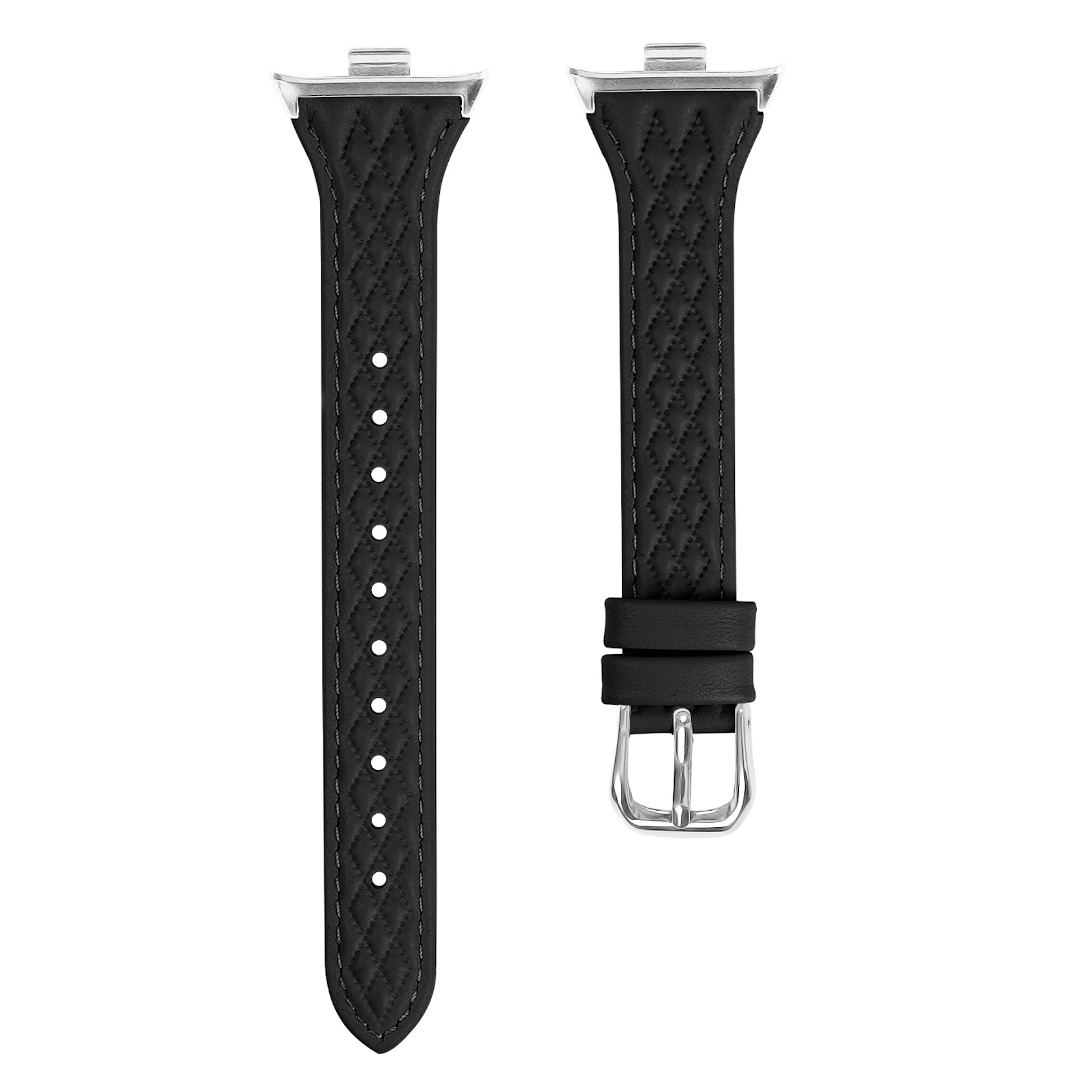 Schwarzes Lederarmband mit Rautenmuster und Metallschnalle, auf weißem Grund.