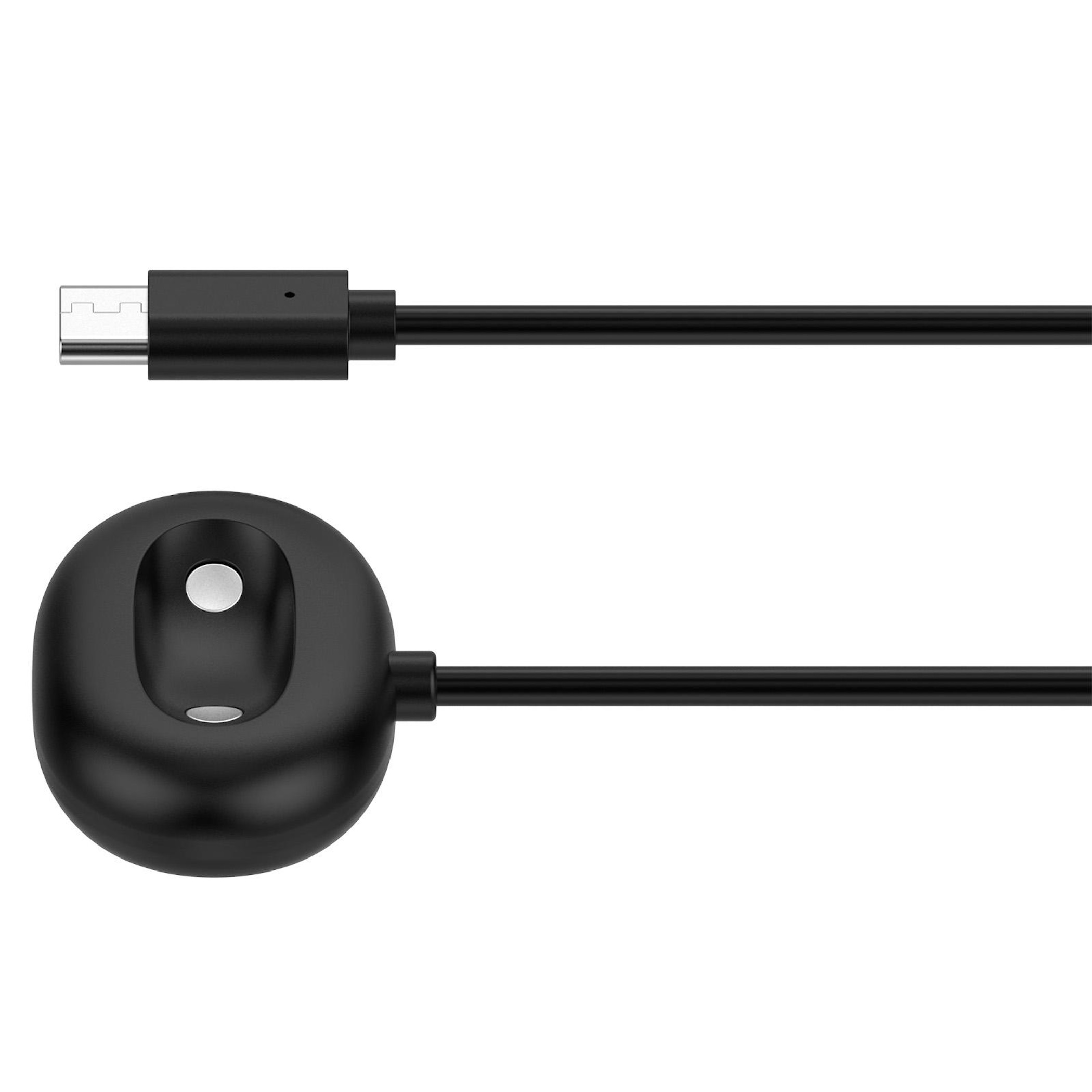 Ein schwarzes Ladekabel mit USB-C-Stecker und runder Ladestation.