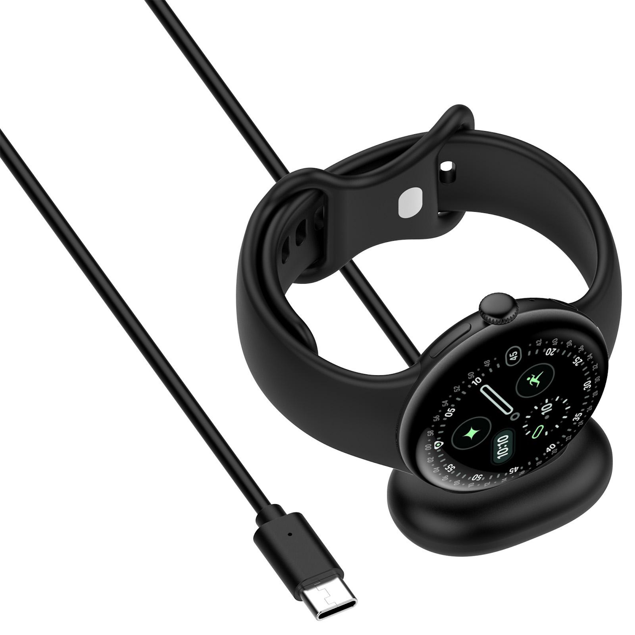 Schwarze Smartwatch auf Ladestation mit USB-C-Kabel.