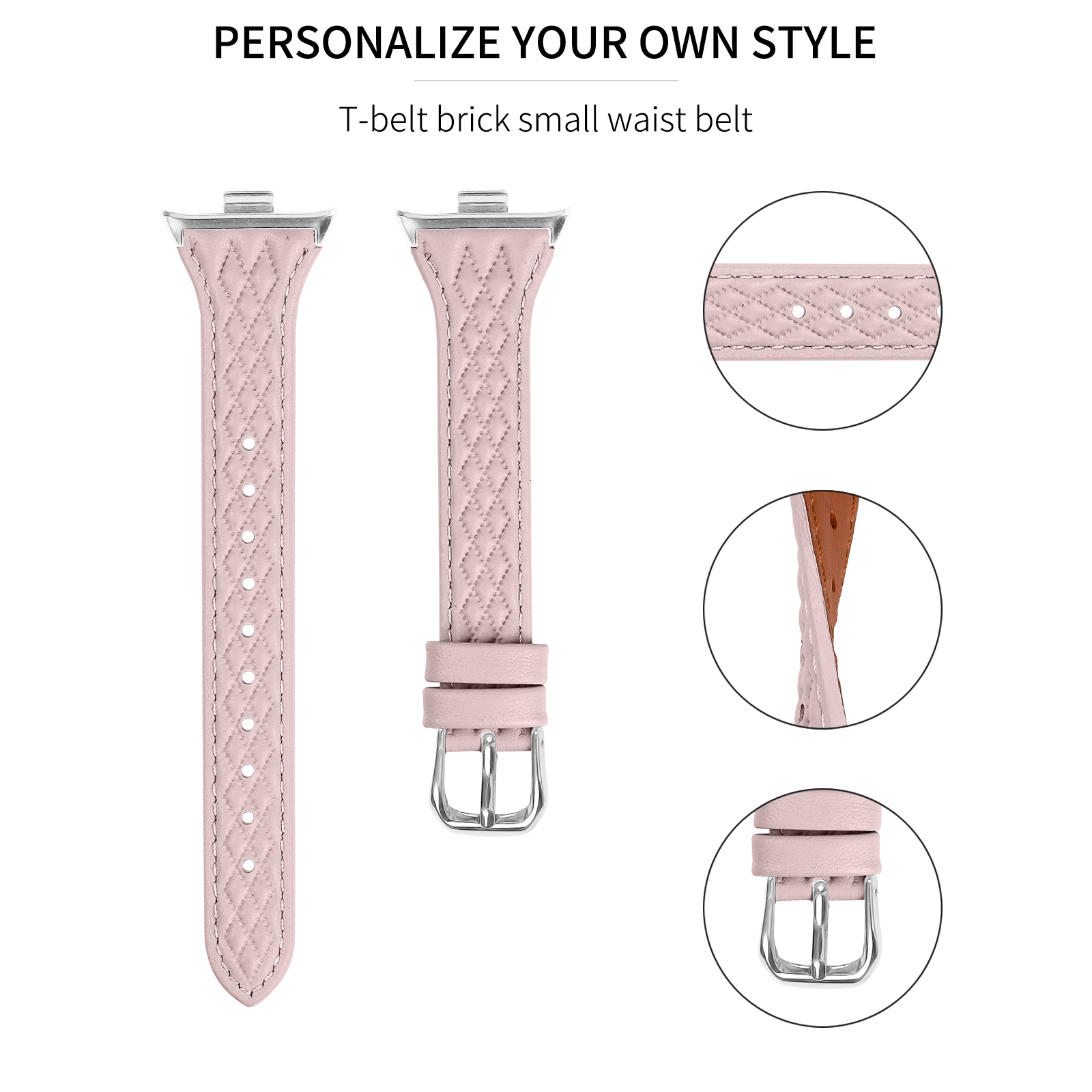 Ein rosa Lederarmband mit Rautenmuster und Schnalle, Nahaufnahmen.