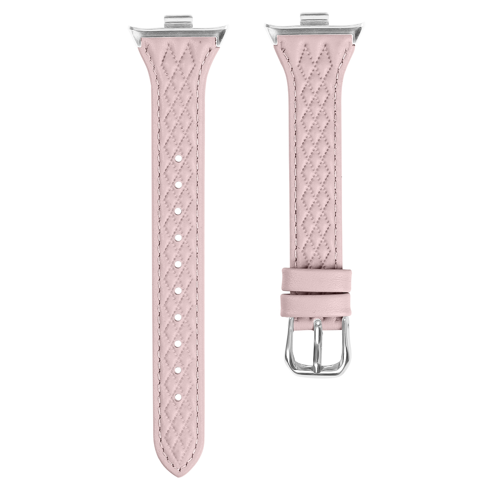 Zwei hellrosa Lederuhrenarmbänder mit gestepptem Muster und Metallschnallen.