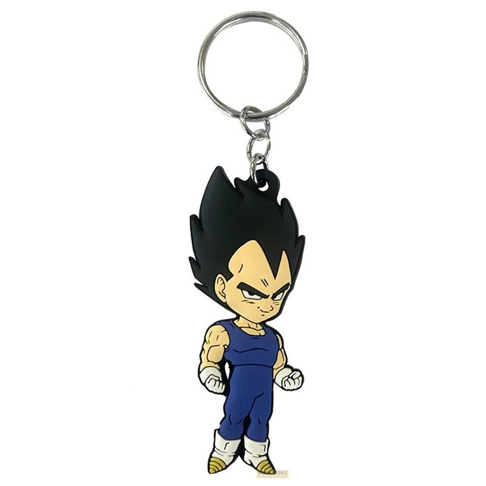 Llavero con figura chibi de Vegeta con traje azul sobre fondo blanco.