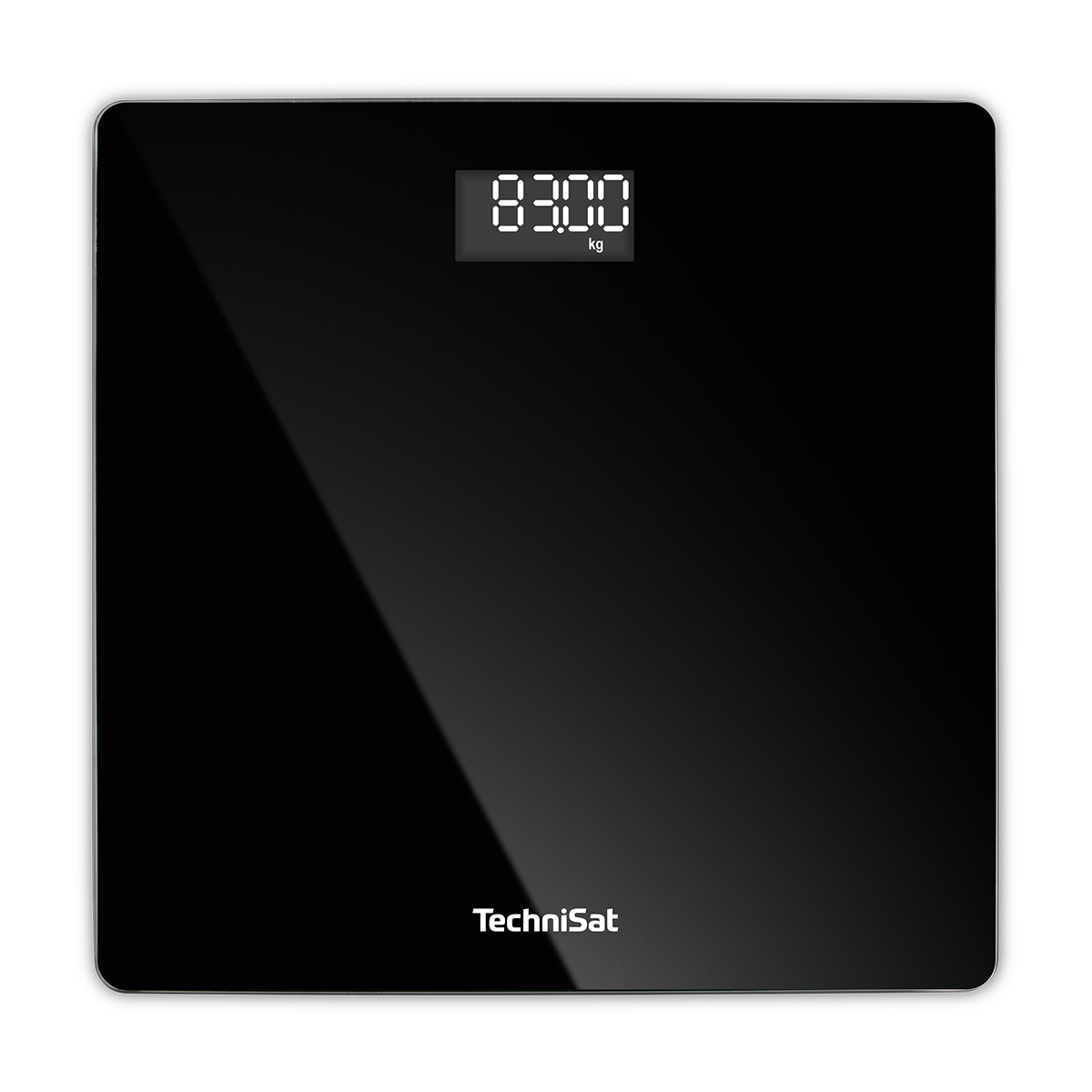 Eine schwarze Digitalwaage zeigt 83,00 kg an. Das TechniSat-Logo ist sichtbar.