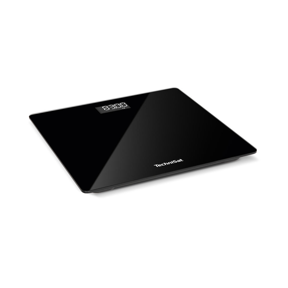 Eine schwarze digitale Personenwaage mit der Anzeige 83.00 kg.