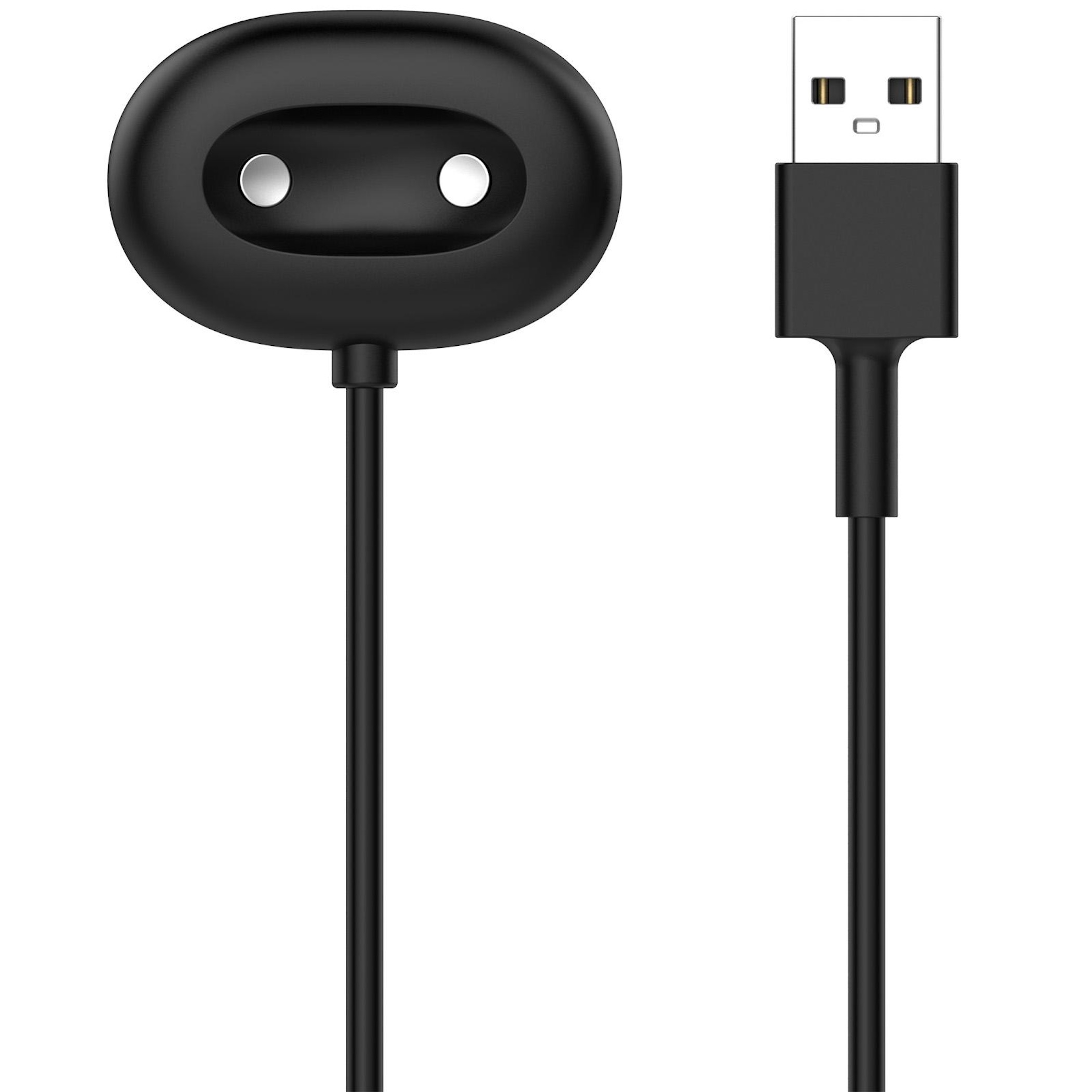 Schwarzes Ladekabel mit USB-Anschluss und ovalem Ladekontakt.