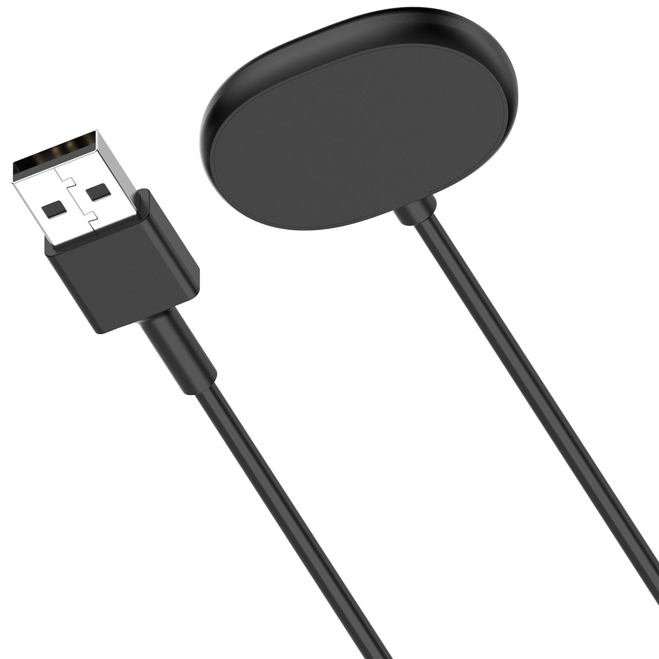 Schwarzes USB-Kabel mit Ladeadapter auf weißem Hintergrund.