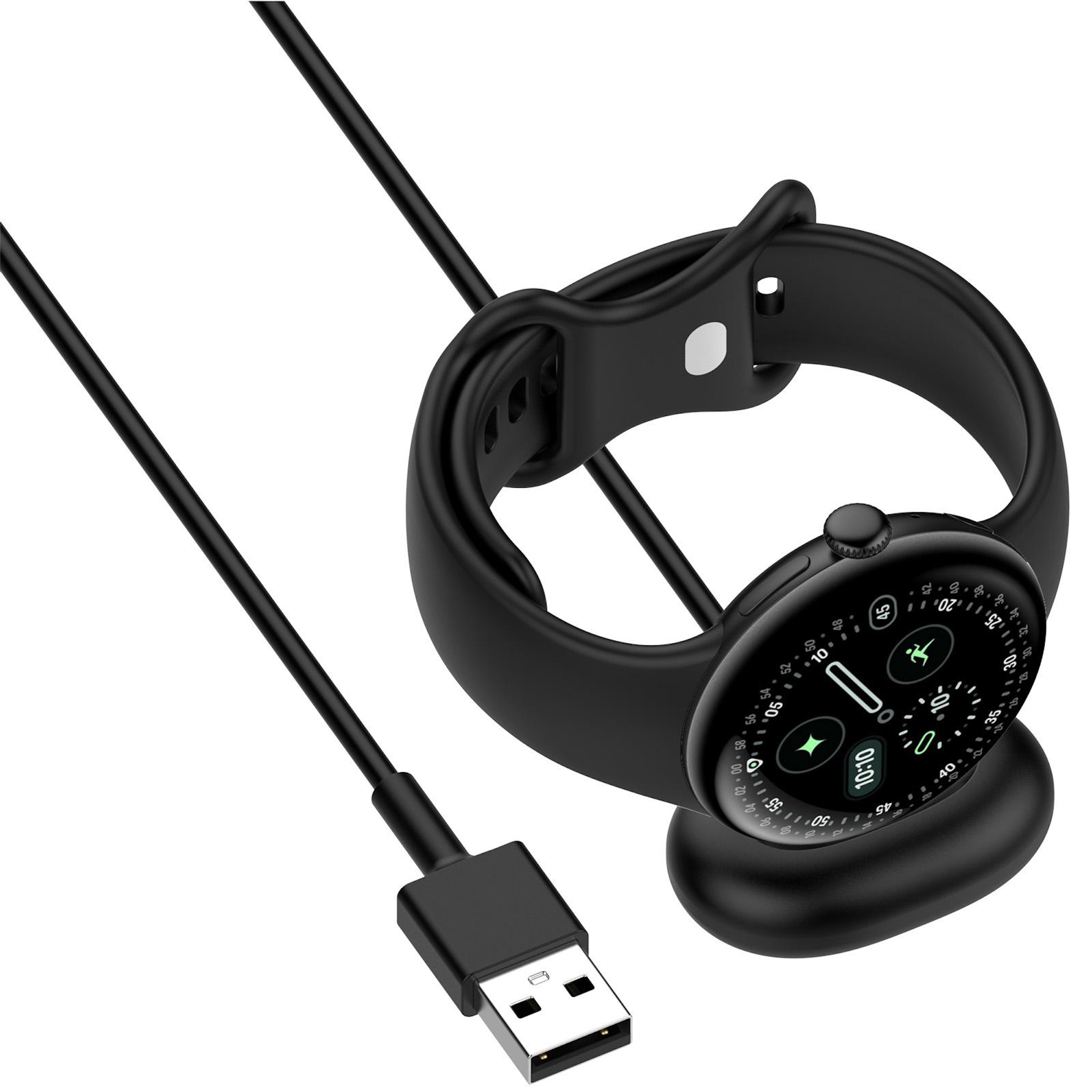 Schwarze Smartwatch auf Lade-Dock mit USB-Kabel