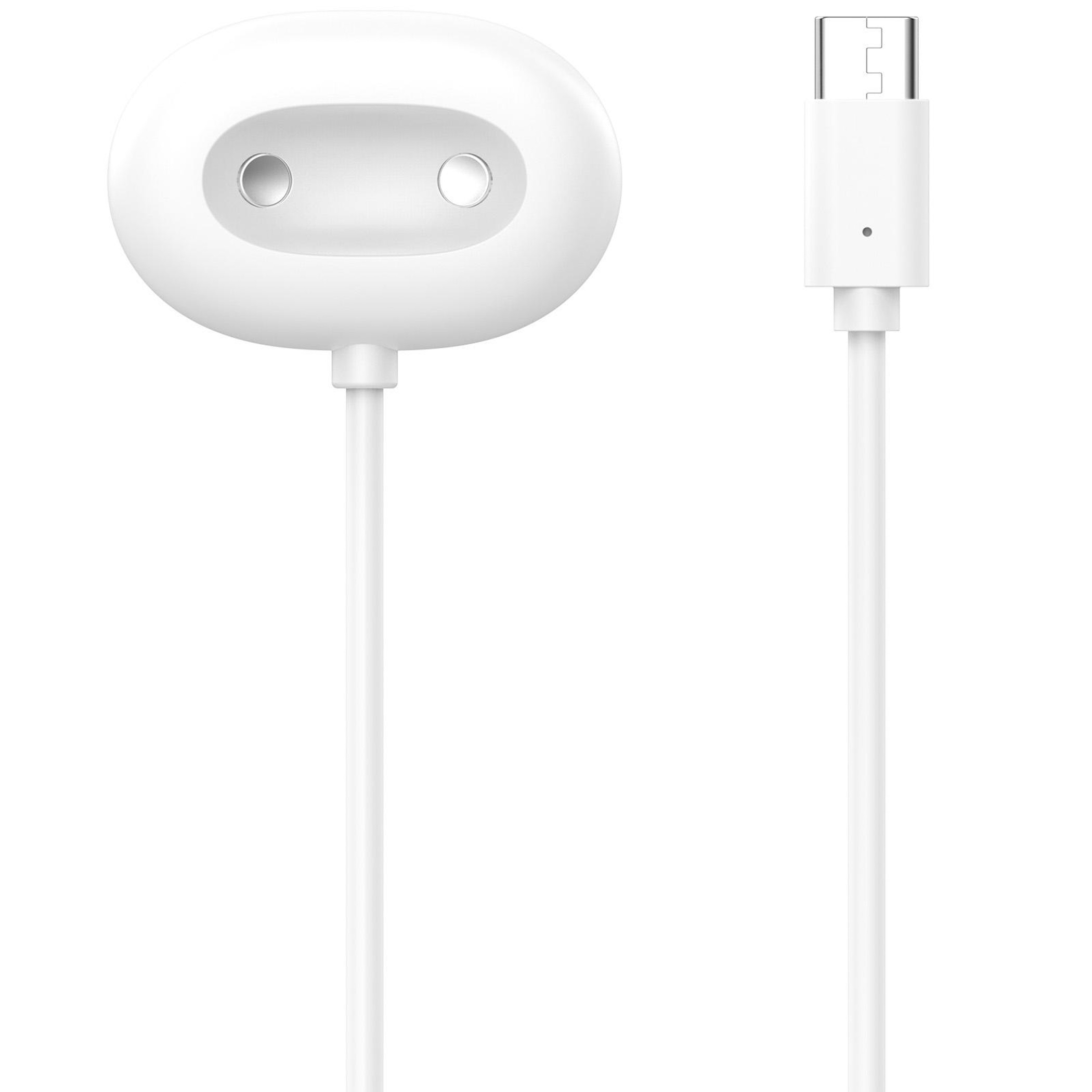 Ein weißes Ladekabel mit USB-C-Stecker und einem runden Ladeadapter.