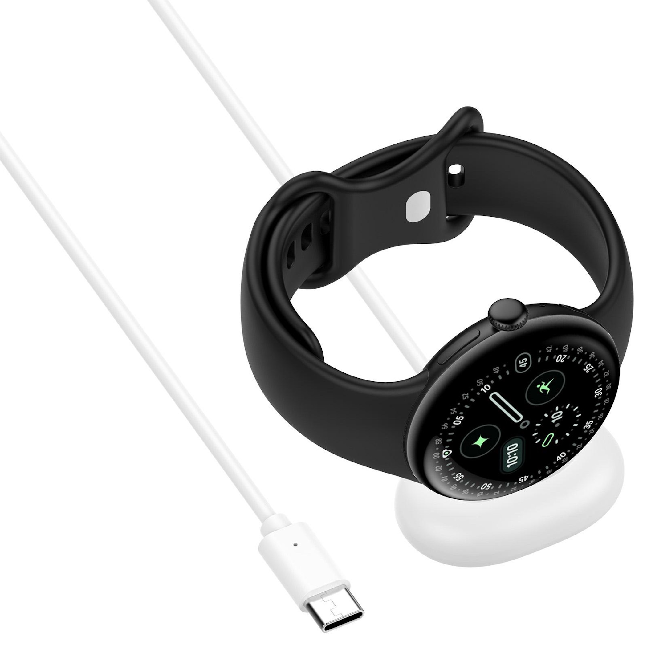 Eine schwarze Smartwatch mit weißem USB-C-Kabel und Ladegerät.