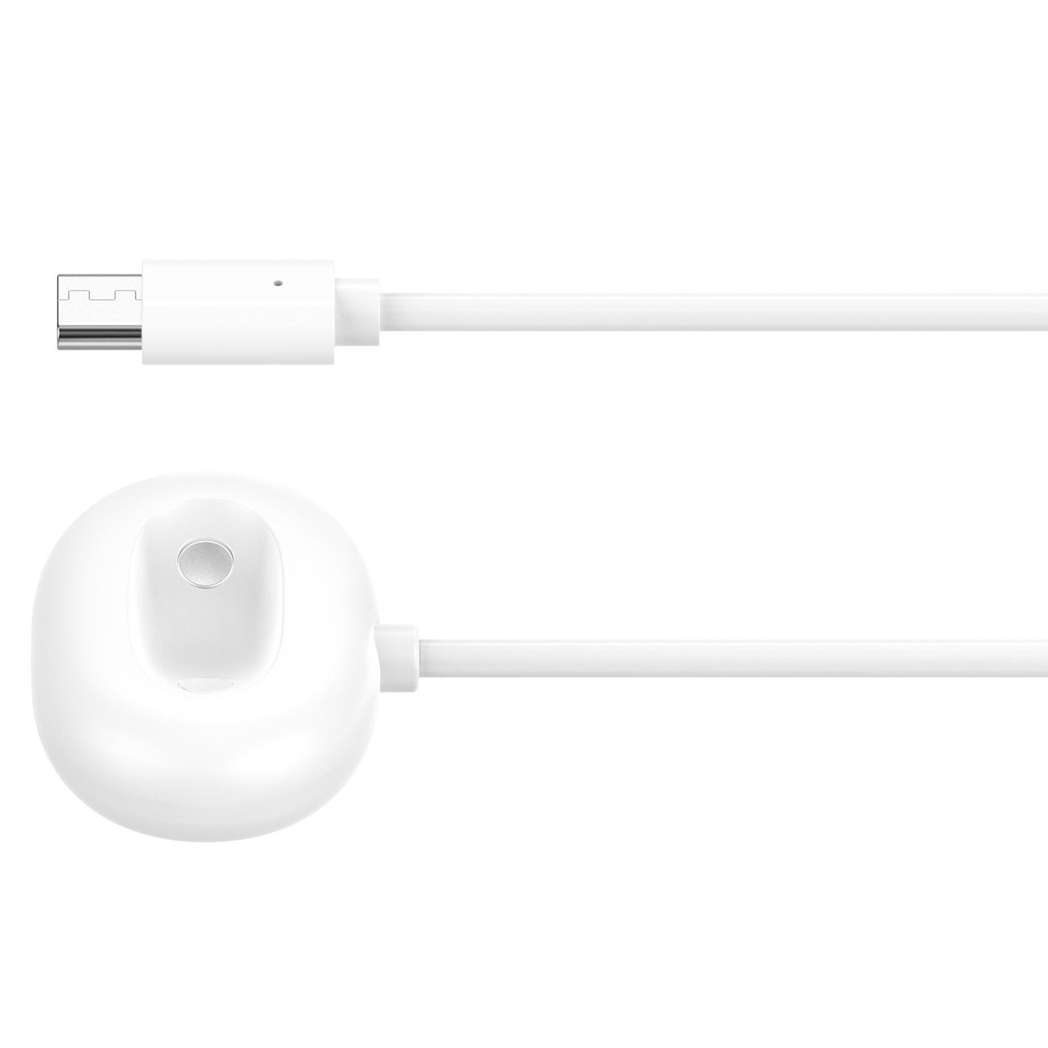 Ein weißes USB-Kabel mit einem rechteckigen Stecker und einem runden Ladekontakt.