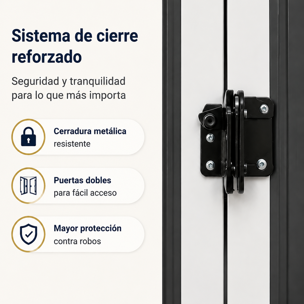 Sistema de cierre reforzado con candado, puertas dobles y escudo.
