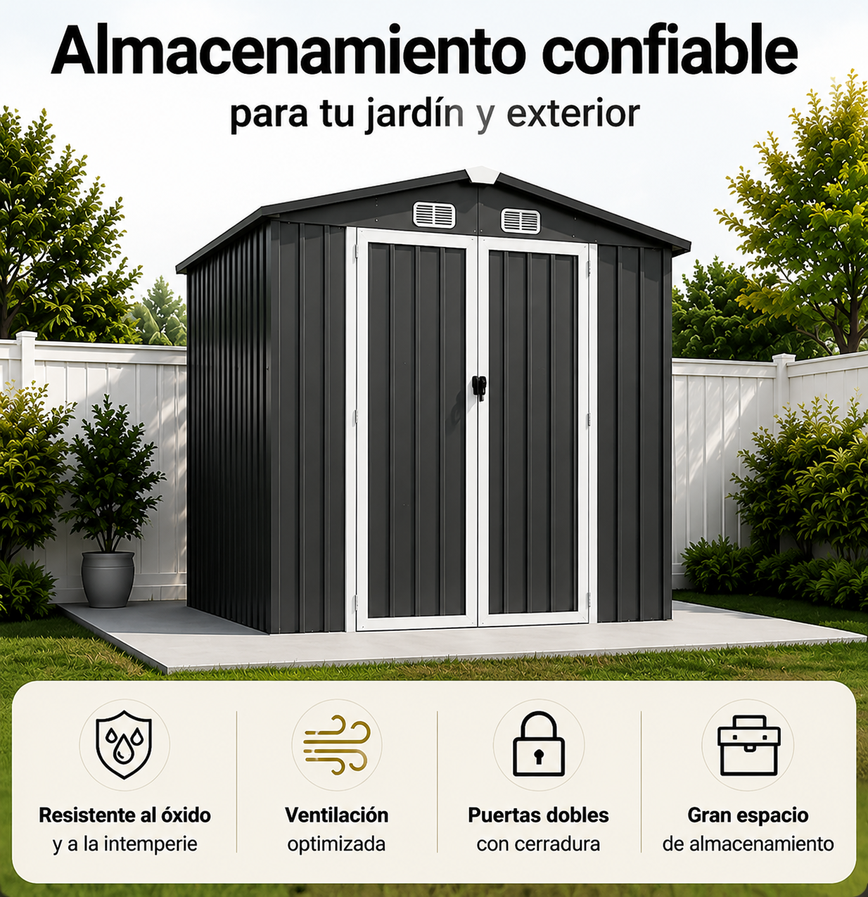 Co del jardín gris oscuro con puertas dobles frente a una valla blanca y árboles.