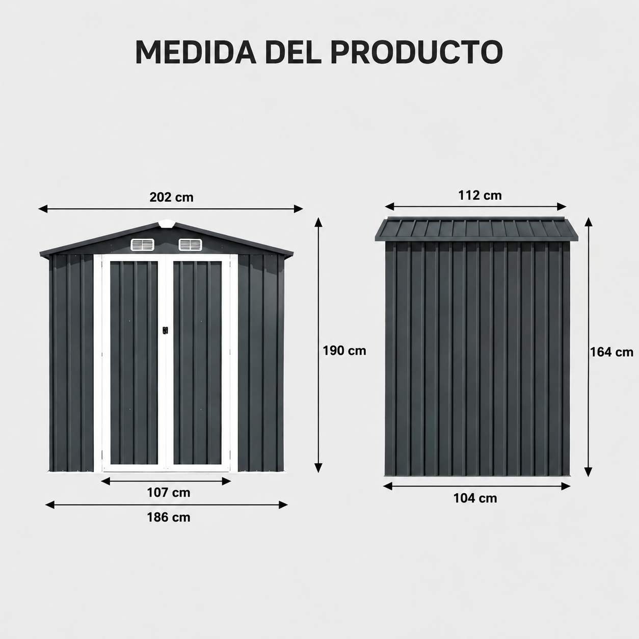 Dos cobertizos oscuros con dimensiones. Se muestran vistas frontal y lateral.