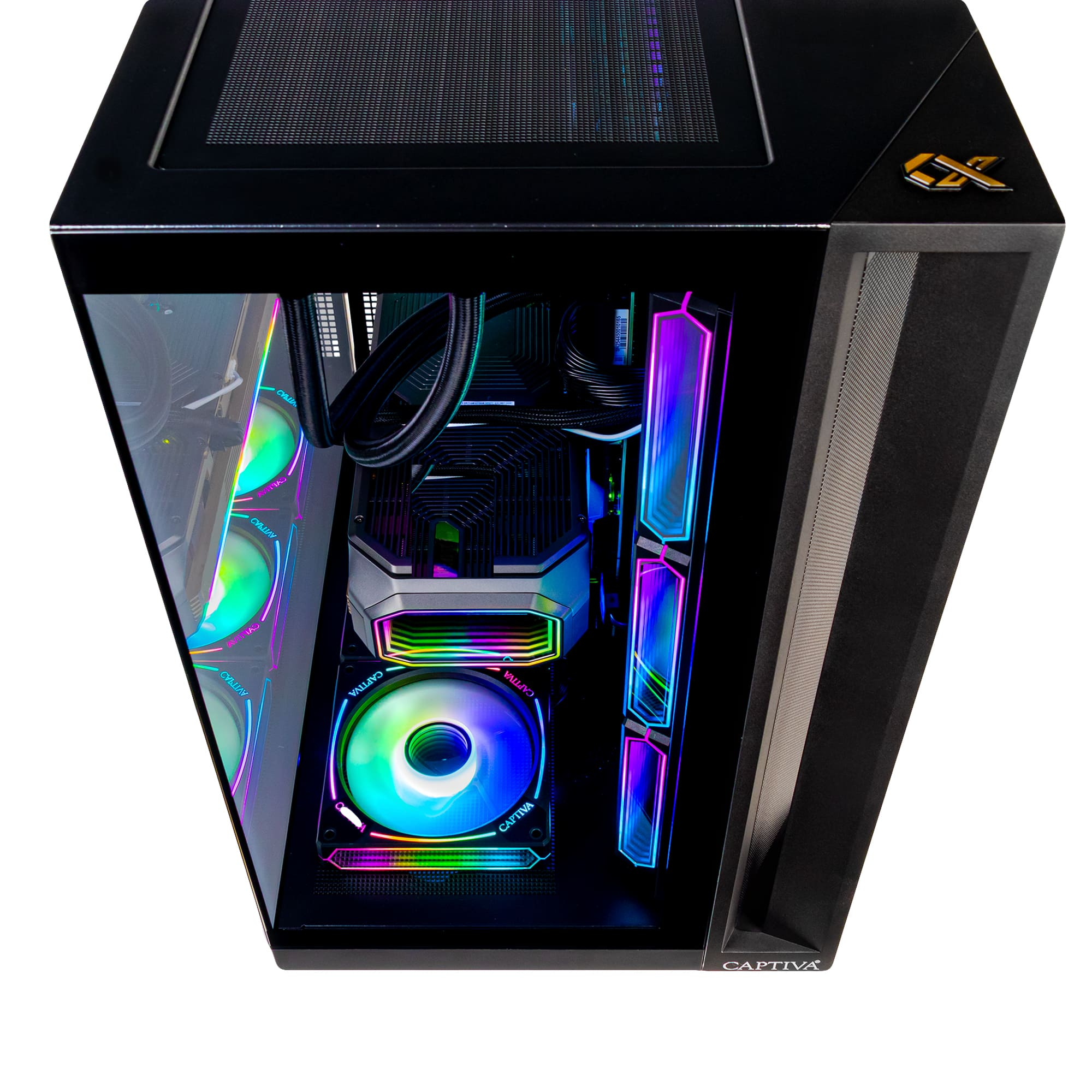 Tower PC nero con pannello laterale in vetro, che mostra ventole RGB colorate e componenti interni.