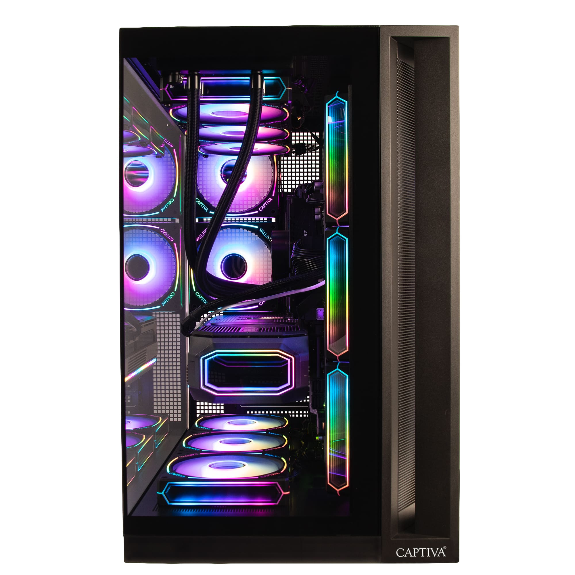 Un case PC con frontale in vetro, illuminato da ventole e strisce RGB.