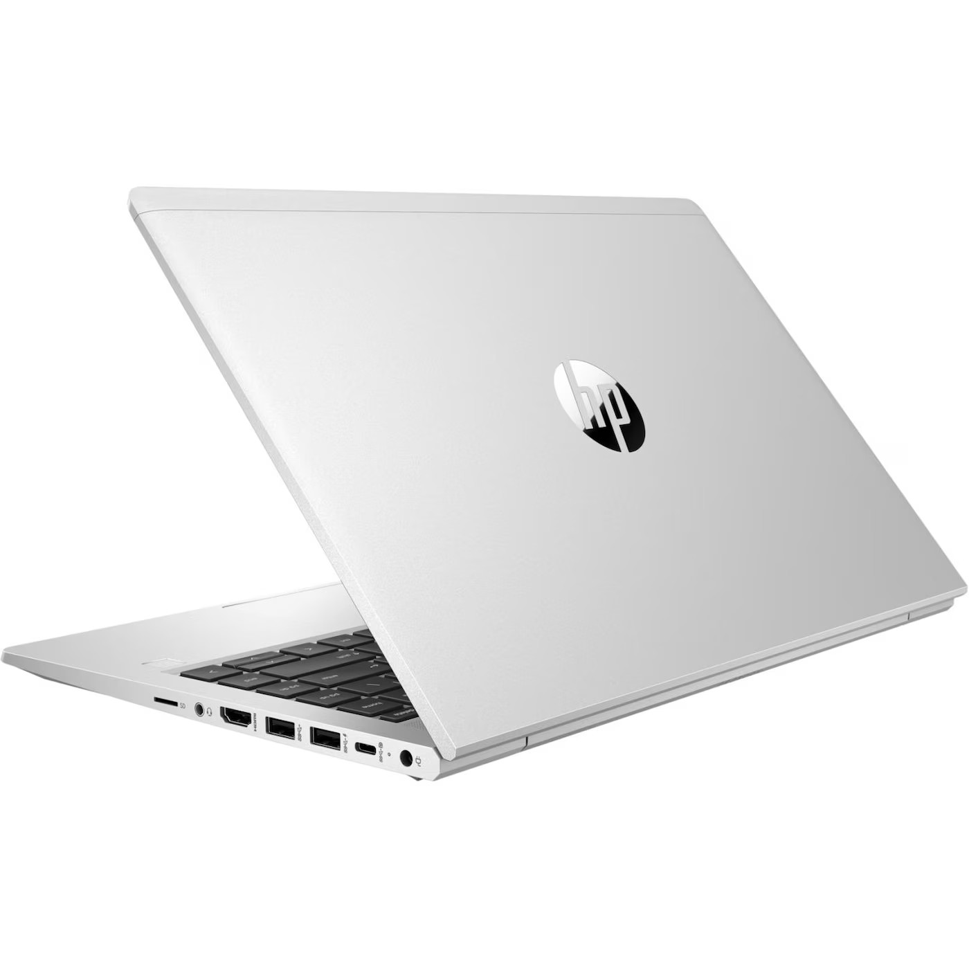 Ein silberner HP Laptop, teilweise geöffnet, mit Fokus auf die Anschlüsse und Tastatur.