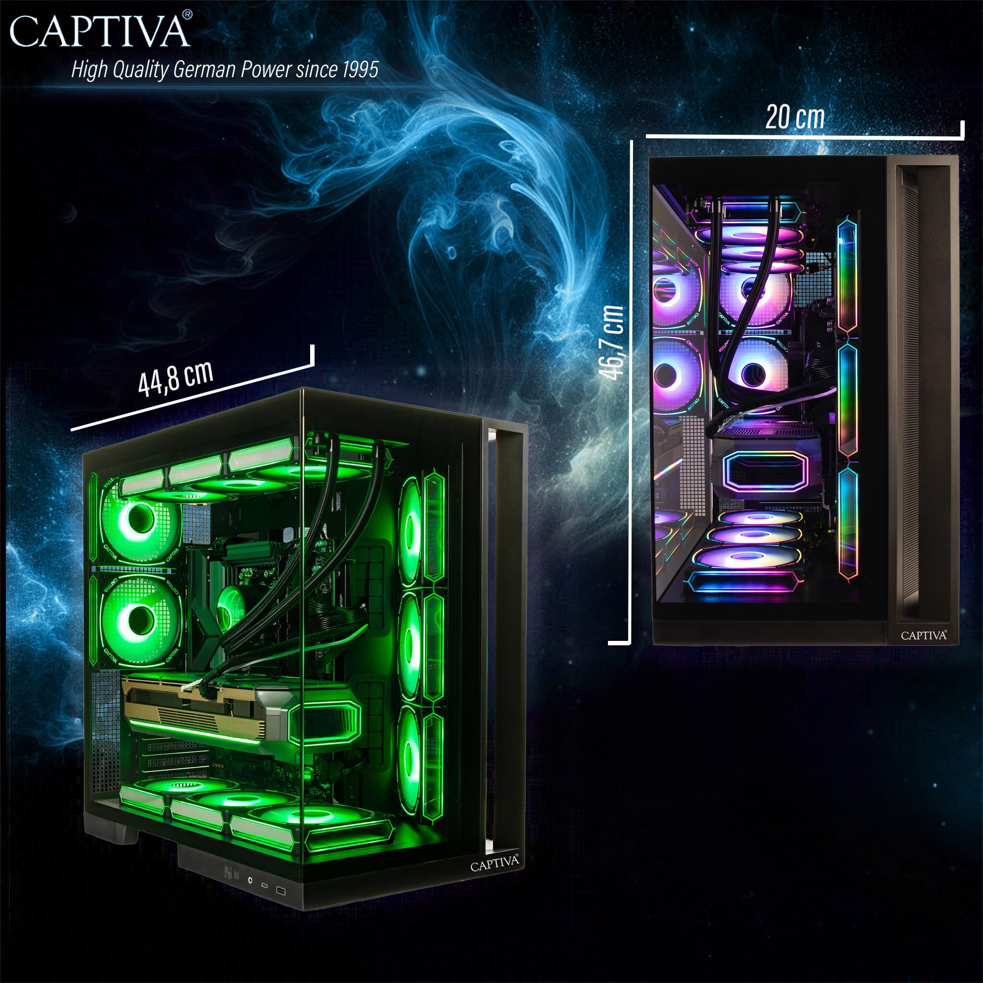 Due PC gaming Captiva con illuminazione RGB colorata su sfondo scuro.