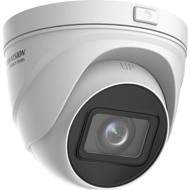 Eine weiße Hikvision-Überwachungskamera mit schwarzem Objektiv und der Aufschrift „UP“.