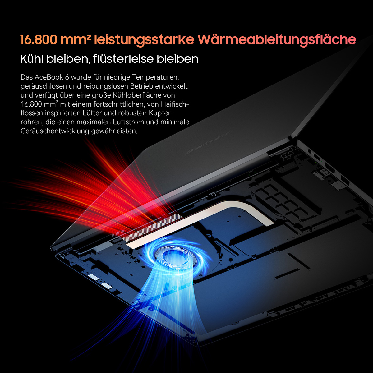 Laptop-Kühlung: Lüfter bläst blaue Luft, rote Wärme entweicht.