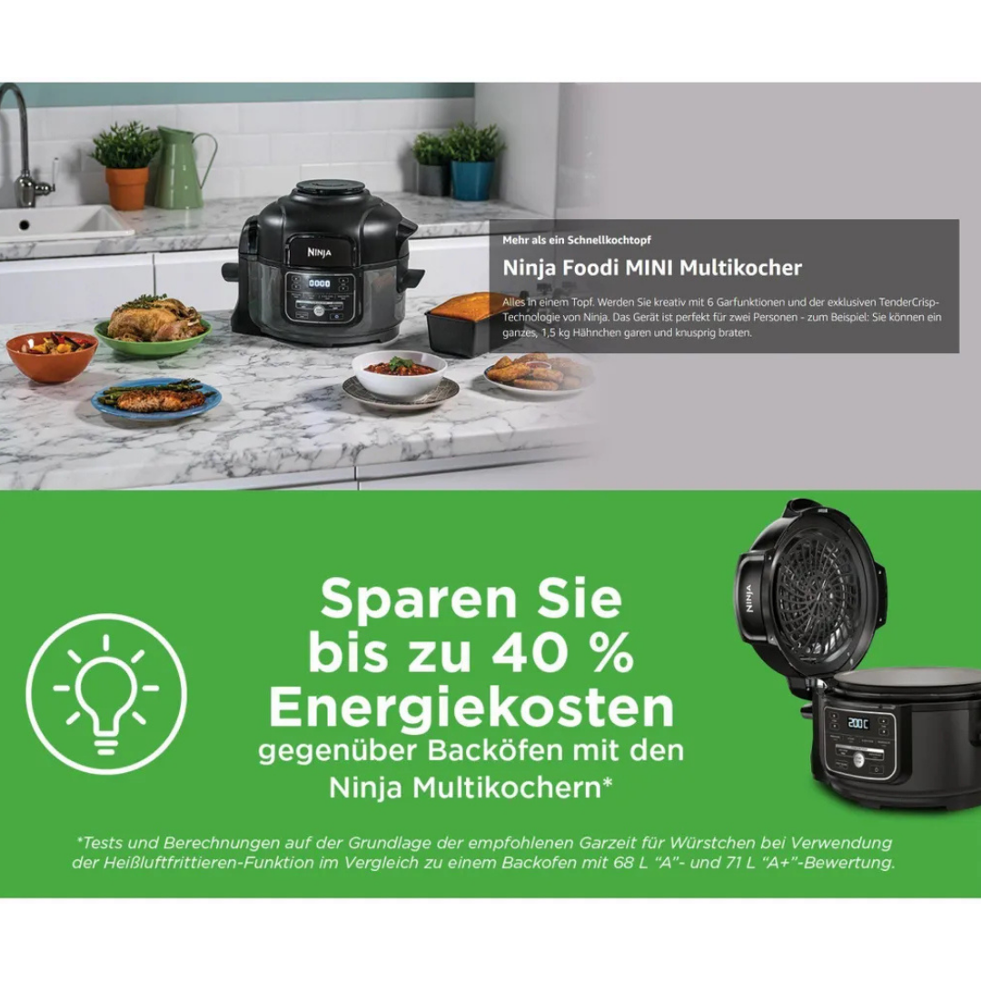 Ninja Foodi MINI Multikocher mit Speisen und Text über Energieeinsparung.