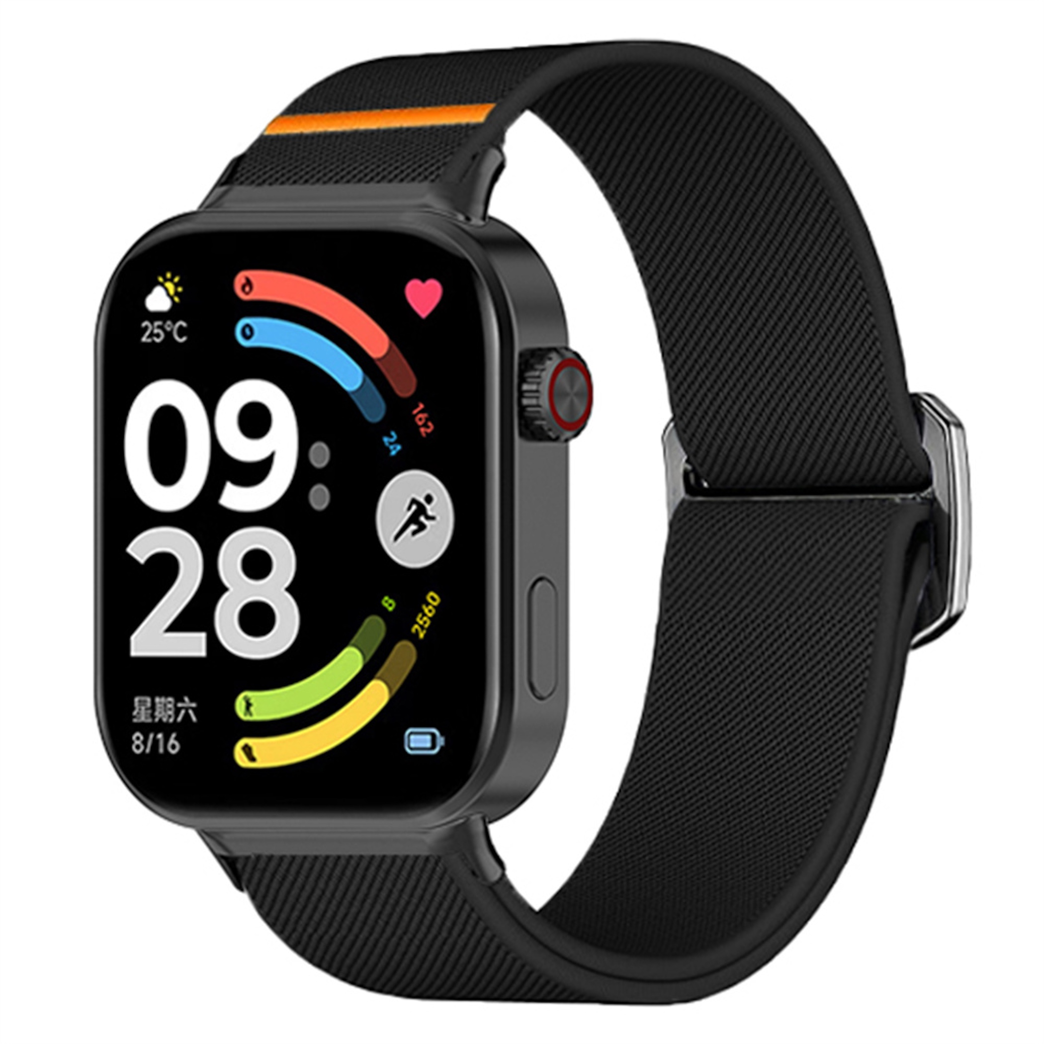 Eine schwarze Smartwatch mit einem orange-schwarzen Armband und einem farbigen Display.