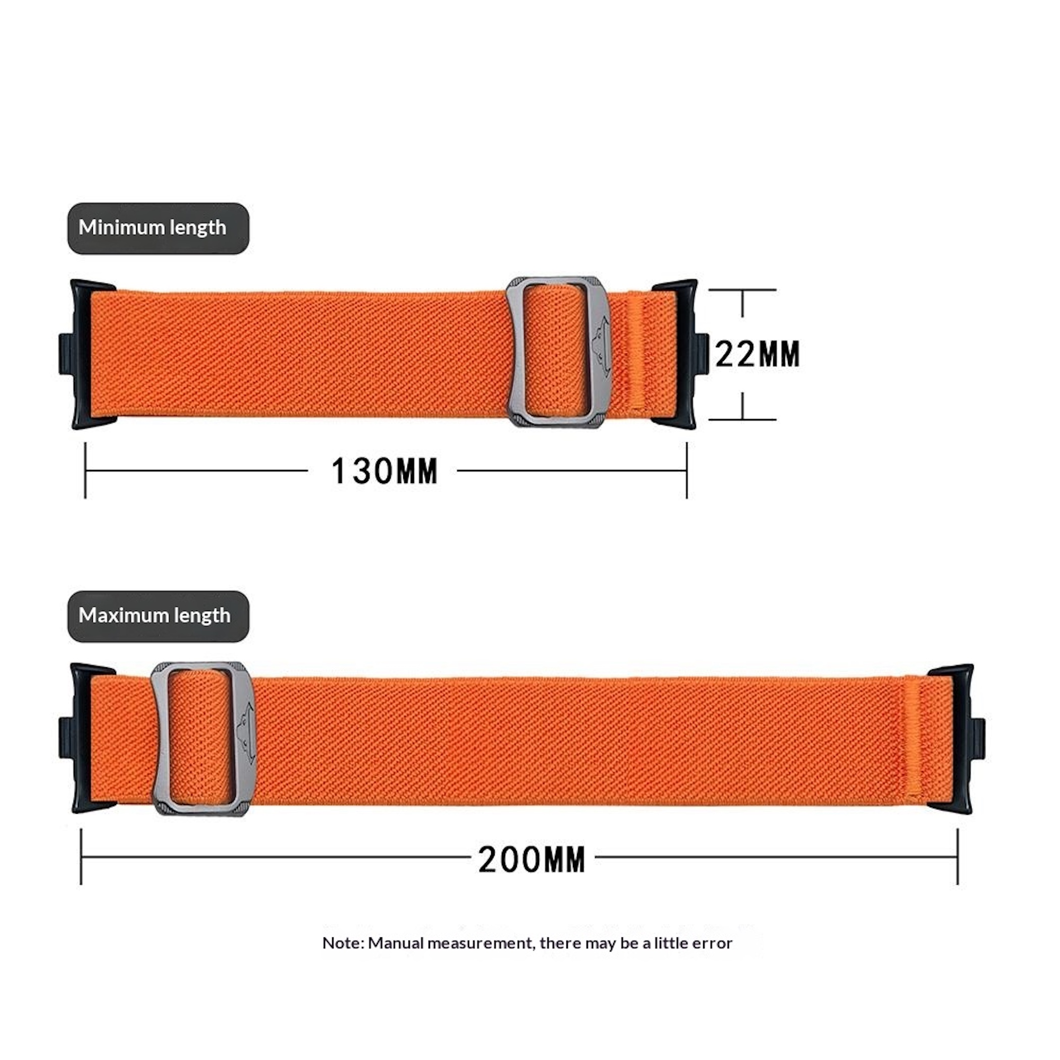 Orange Uhrenarmbänder, gezeigt bei minimal 130 mm und maximal 200 mm Länge, 22 mm Breite.