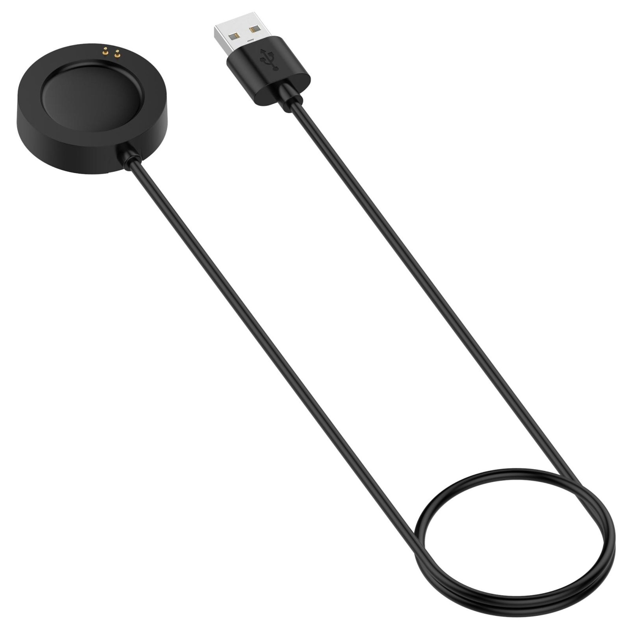 Schwarzes Ladekabel mit USB-Anschluss und rundem Ladeadapter.