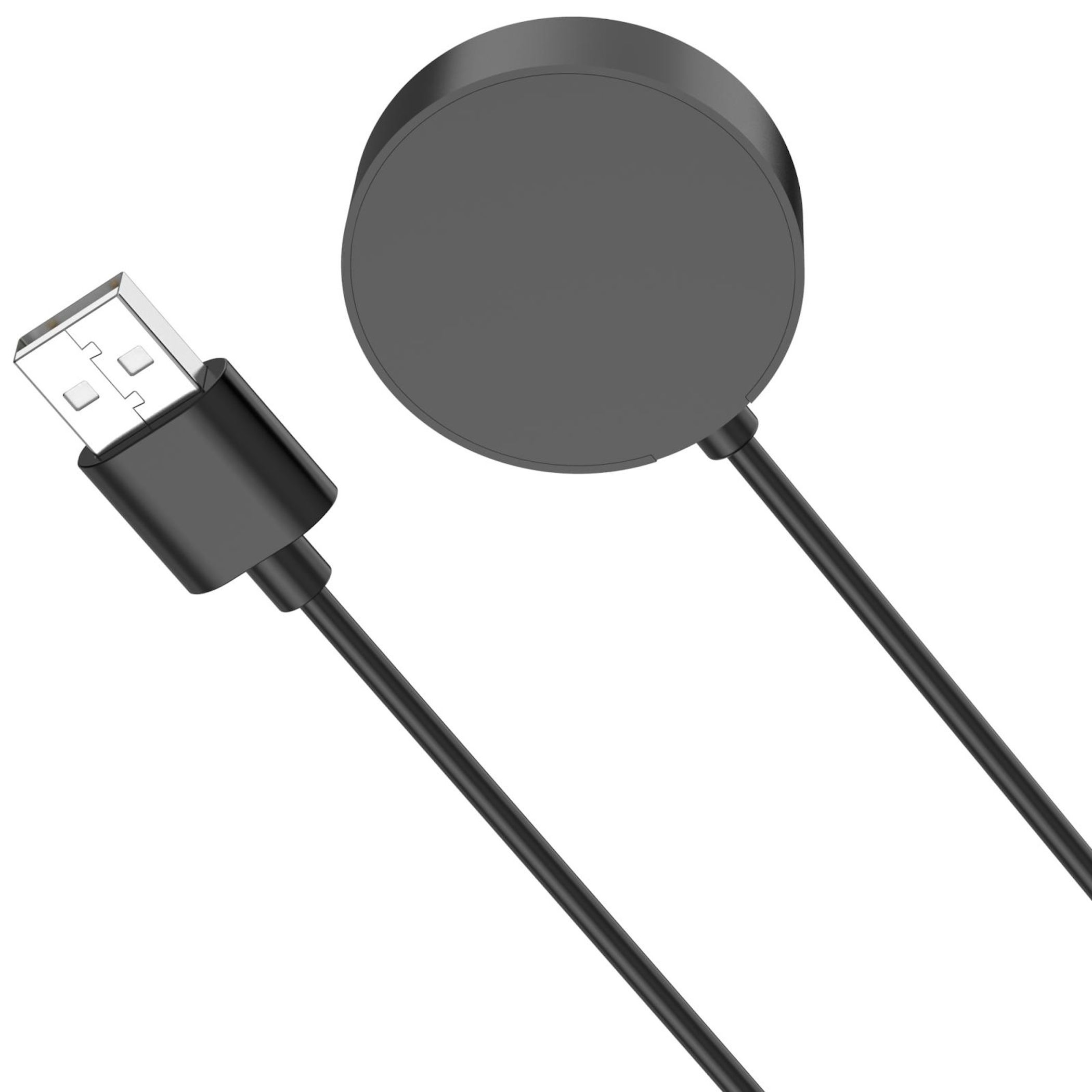 Ein schwarzer runder Ladegerät mit USB-Kabel auf weißem Hintergrund.
