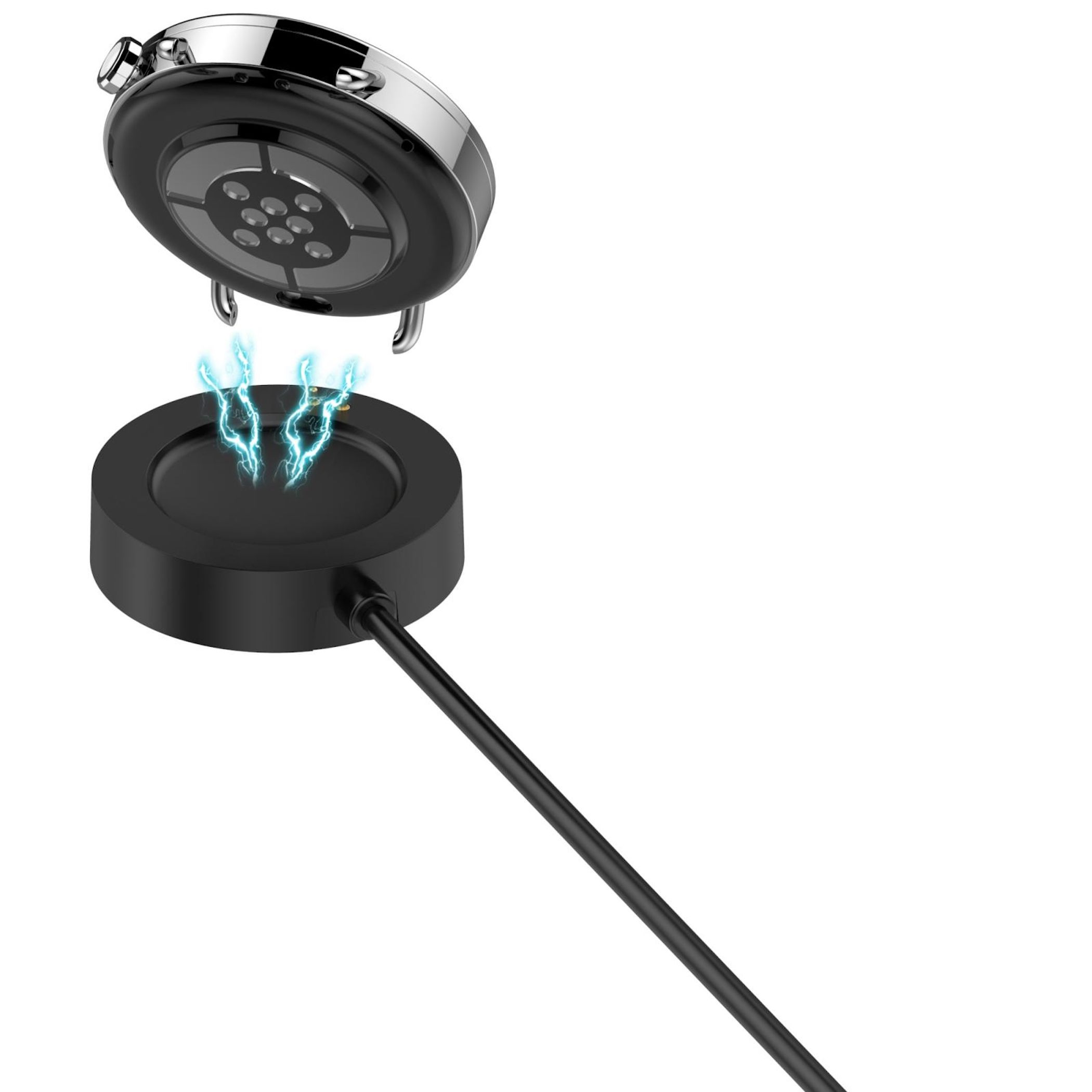 Schwarzes Ladegerät mit blauen Blitzen, eine Uhr wird aufgeladen.