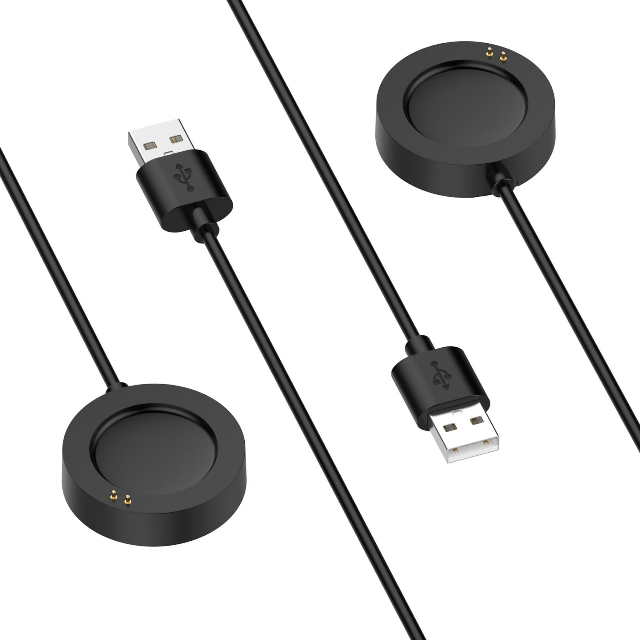 Zwei schwarze USB-Ladekabel mit runden magnetischen Anschlüssen auf weißem Hintergrund.